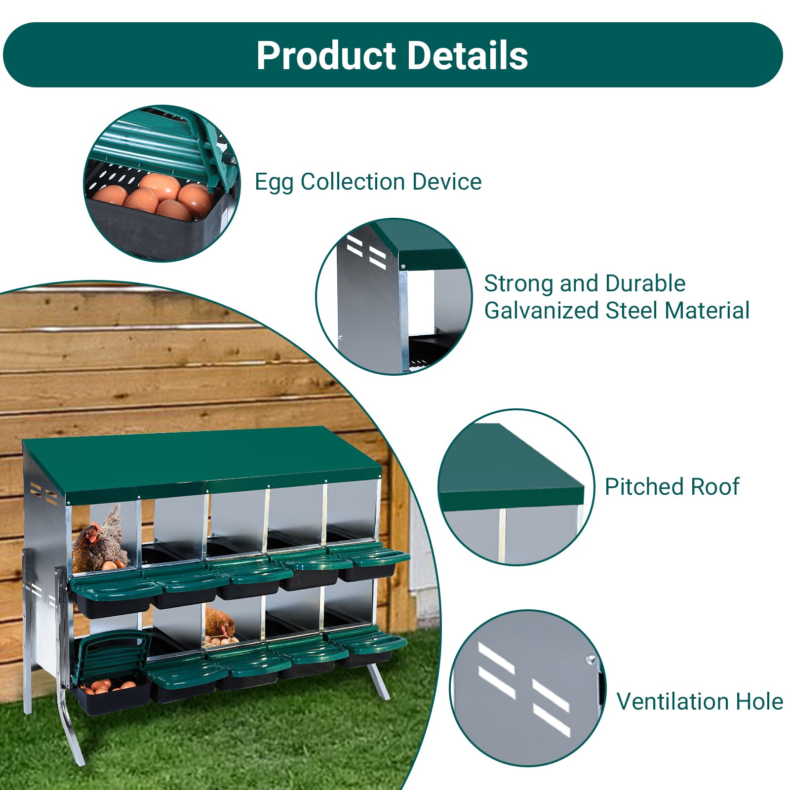 Garvee 10-Compartments Chicken Nest Box - Green Roll-Away Design w/Lid Cover & Legs for Coop Laying Boxes for Hens, Nest Boxes