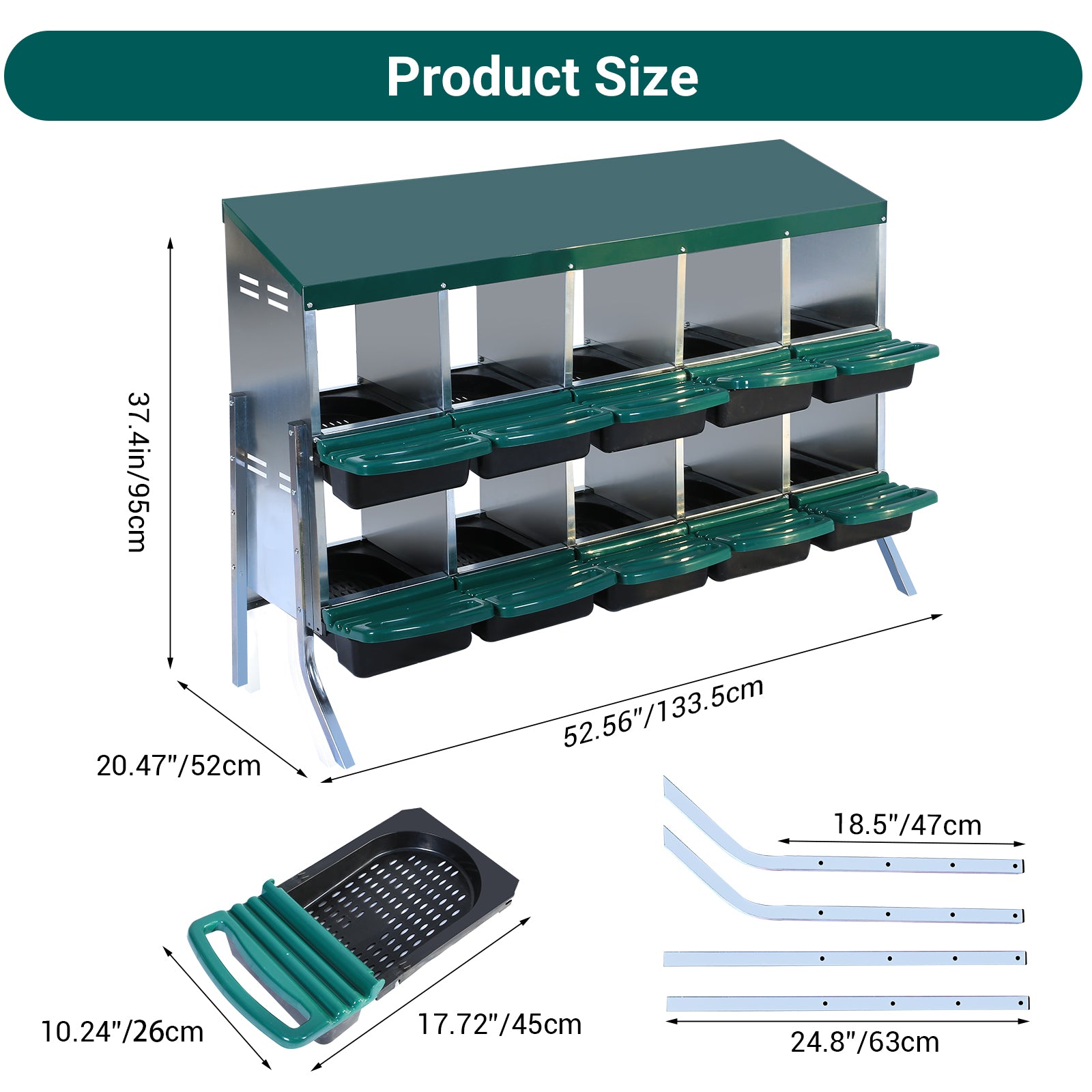 Garvee 10-Compartments Chicken Nest Box - Green Roll-Away Design w/Lid Cover & Legs for Coop Laying Boxes for Hens, Nest Boxes