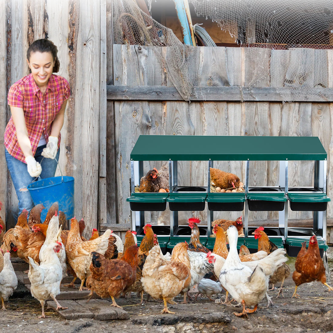 Garvee 10-Compartments Chicken Nest Box - Green Roll-Away Design w/Lid Cover & Legs for Coop Laying Boxes for Hens, Nest Boxes