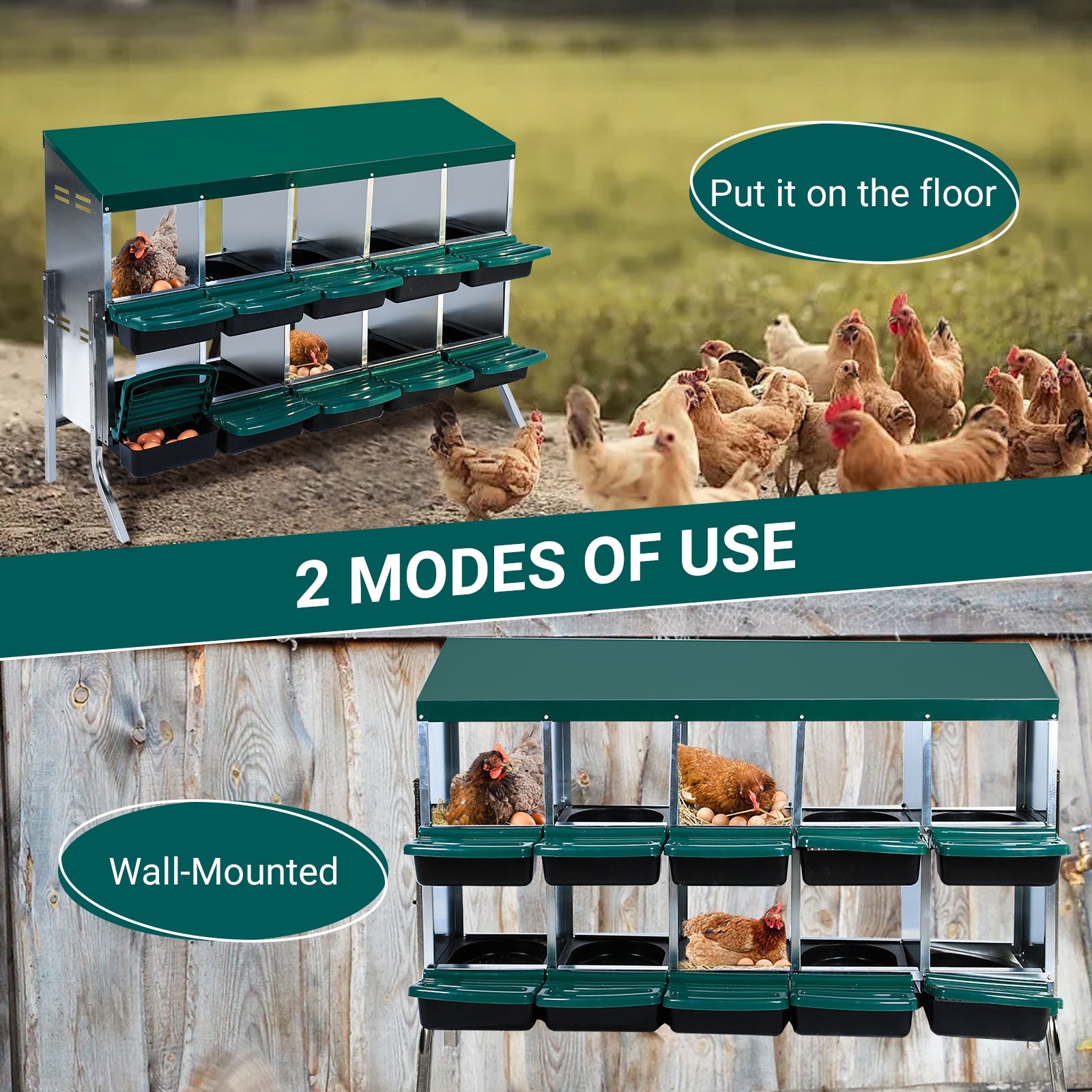 Garvee 10-Compartments Chicken Nest Box - Green Roll-Away Design w/Lid Cover & Legs for Coop Laying Boxes for Hens, Nest Boxes