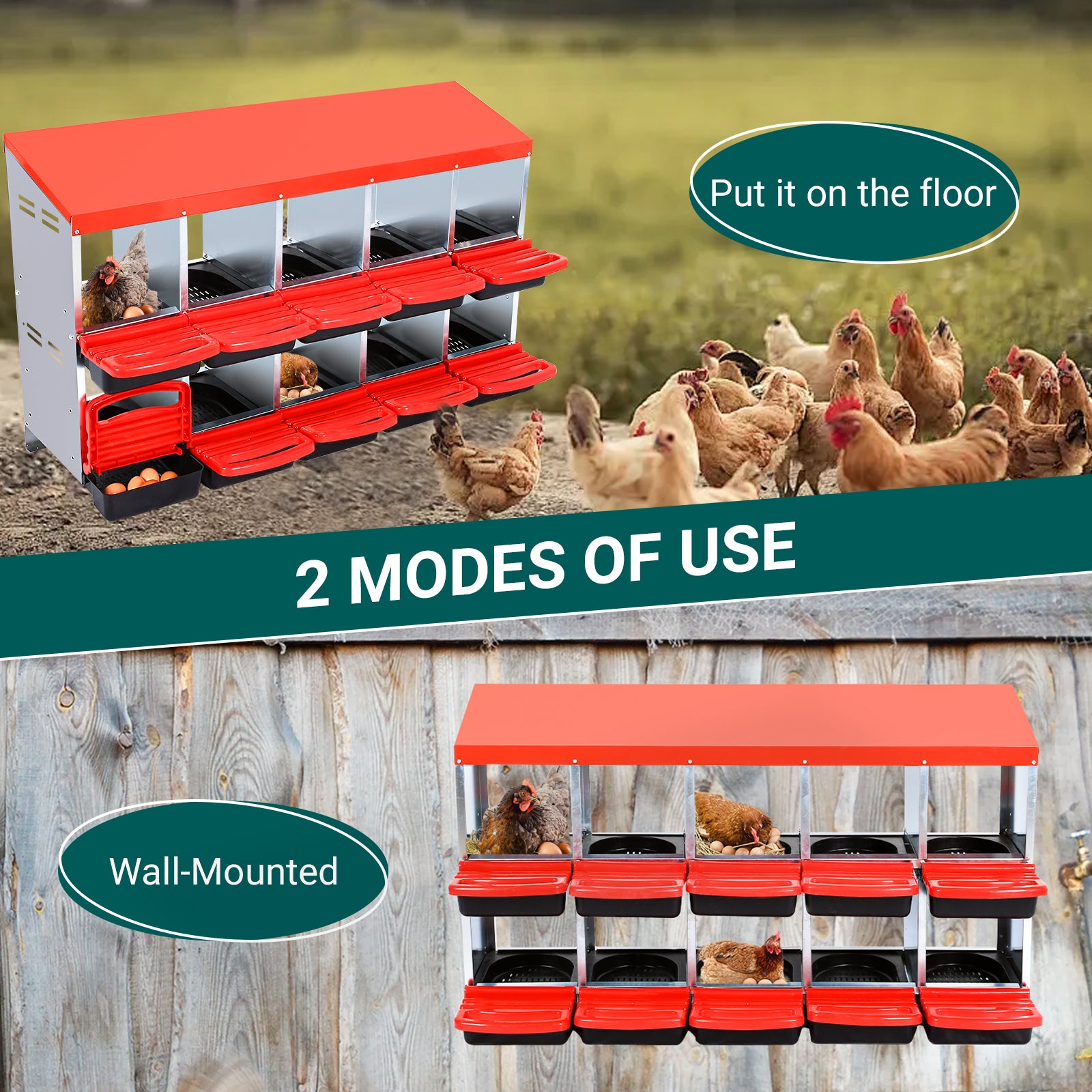 Garvee Chicken Nesting Box, 10 Compartments Nesting Boxes for Chickens, Chicken Laying Boxes, Roll Away Nesting Box for Chickens Laying Egg with Lid Cover to Protect Eggs, Red