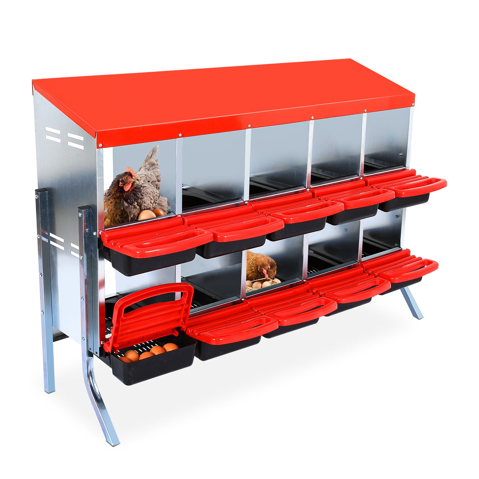 GARVEE 10-Compartments Chicken Nest Box - Red Roll-Away Design w/Lid Cover & Legs for Coop Laying Boxes for Hens, Nest Boxes