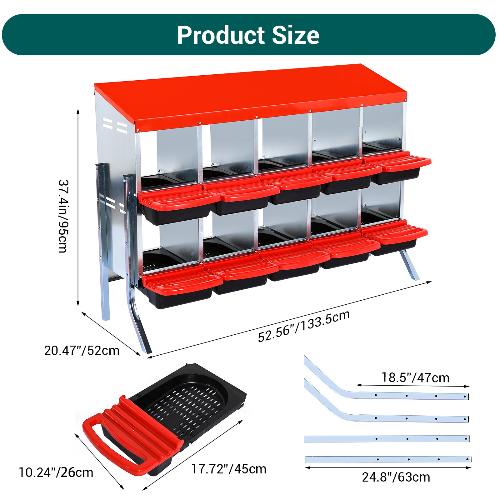 GARVEE 10-Compartments Chicken Nest Box - Red Roll-Away Design w/Lid Cover & Legs for Coop Laying Boxes for Hens, Nest Boxes