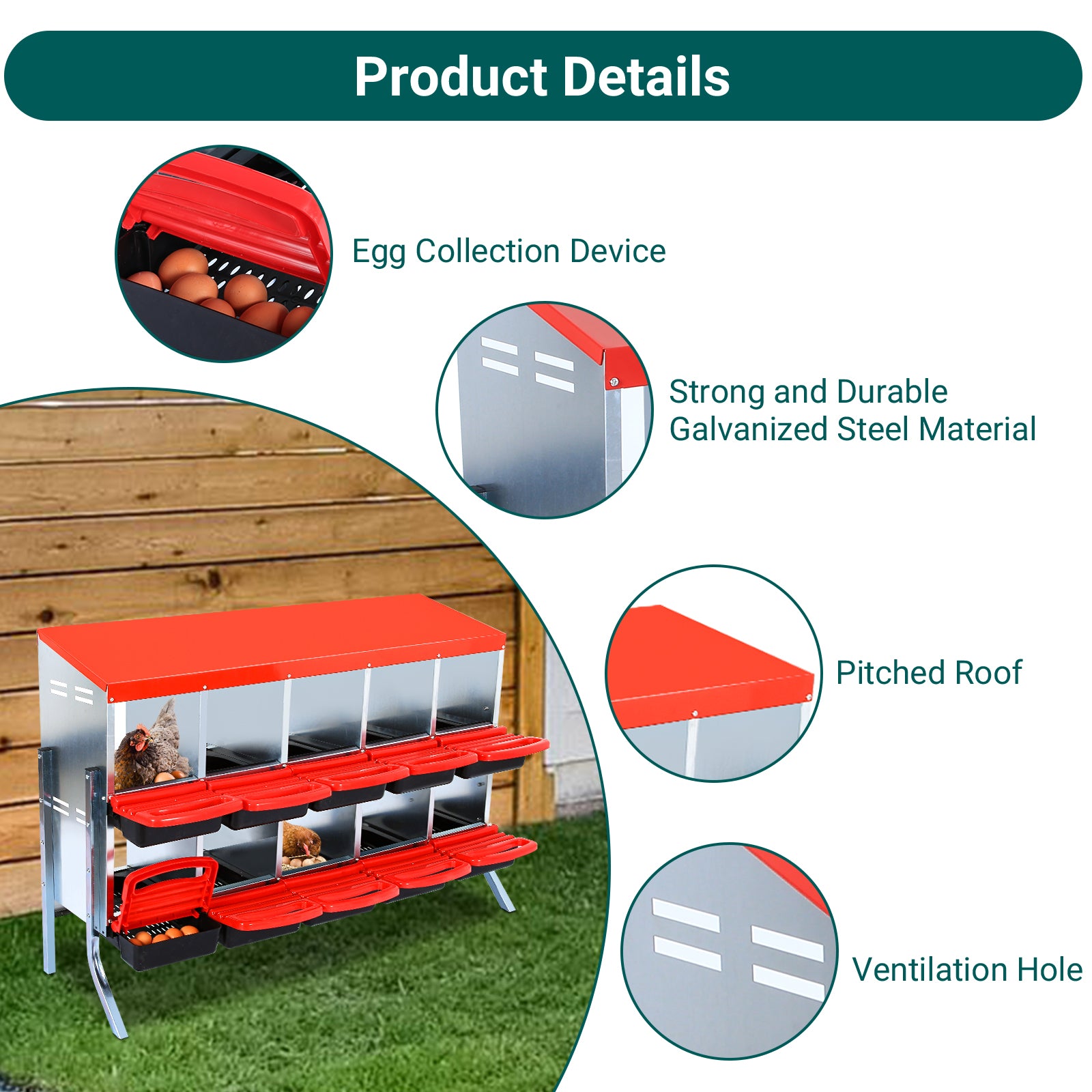 GARVEE 10-Compartments Chicken Nest Box - Red Roll-Away Design w/Lid Cover & Legs for Coop Laying Boxes for Hens, Nest Boxes