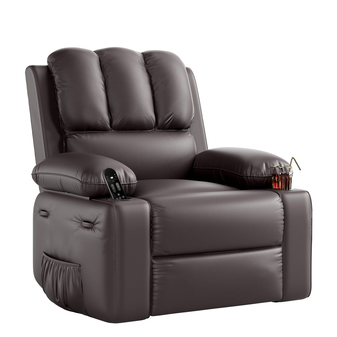 Garvee PU Leather Recliner Chair, Extra Wide 27" Manual Rocking Recliner w/ Comfortable Arms and Cup Holders for Living Room - Brown, Large
