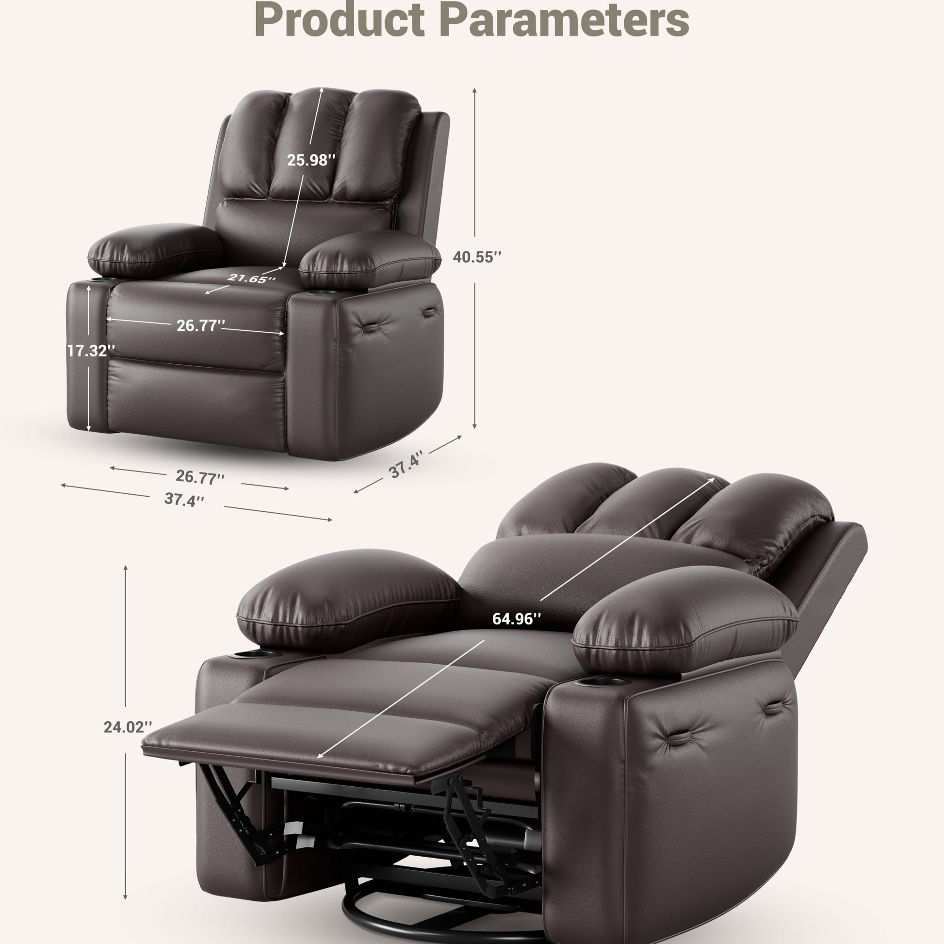 Garvee Leather Recliner Chair, Extra Wide 26.8" Manual Rocking Recliner w/ Comfortable Arms and Cup Holders for Living Room - Brown, Large