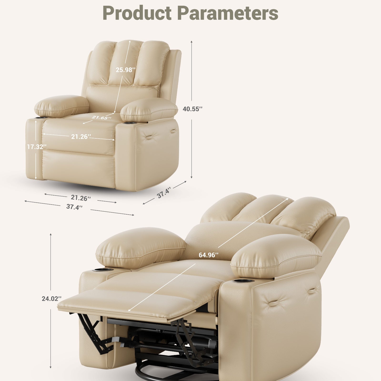 Garvee Manual Recliner Chair Leather Sofa with 2 Cup Holders, Side Pocket, PU Leather, Overstuffed Arms, Iron Frame, Beige - Home Theater & Living Room, Beige