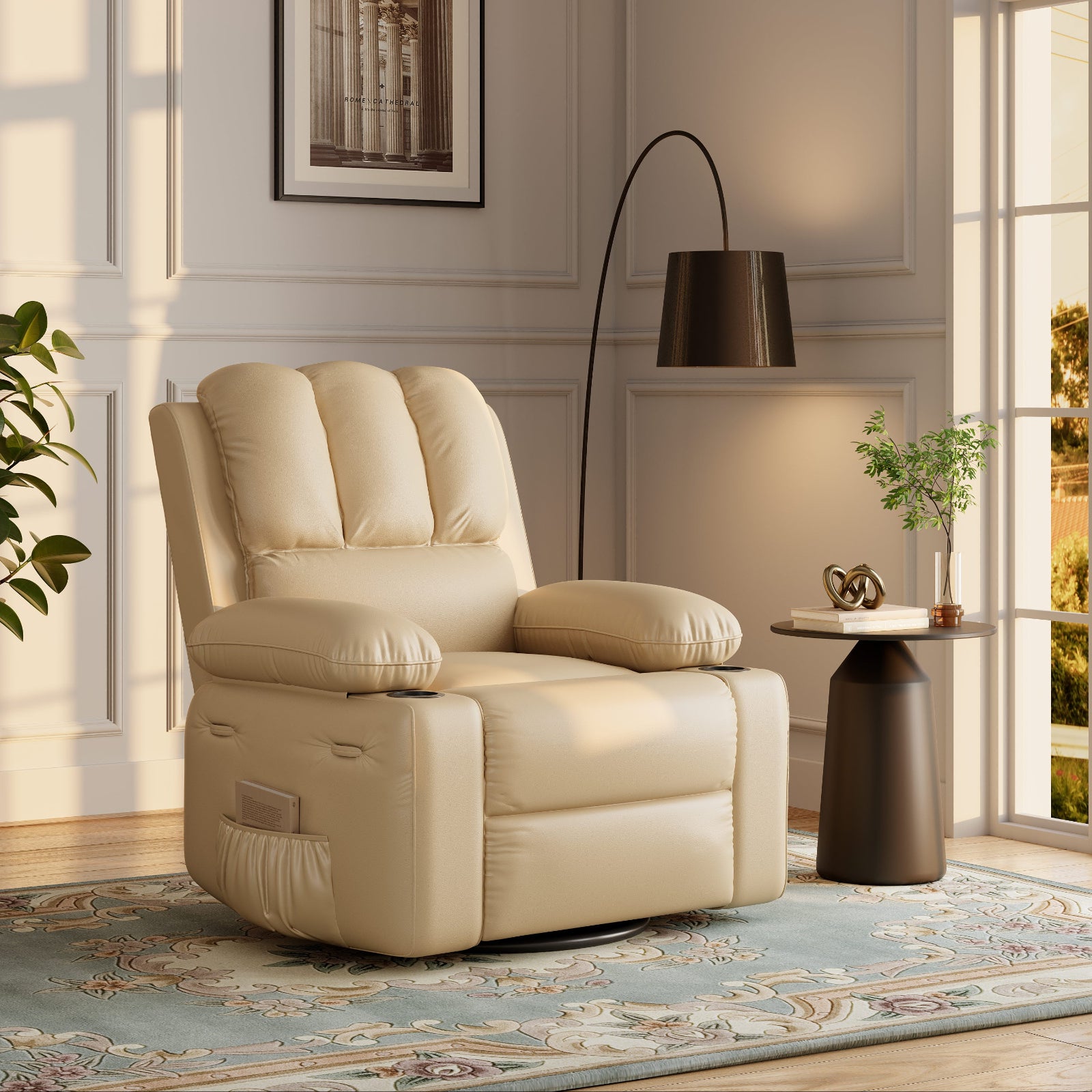 Garvee Manual Recliner Chair Leather Sofa with 2 Cup Holders, Side Pocket, PU Leather, Overstuffed Arms, Iron Frame, Beige - Home Theater & Living Room, Beige