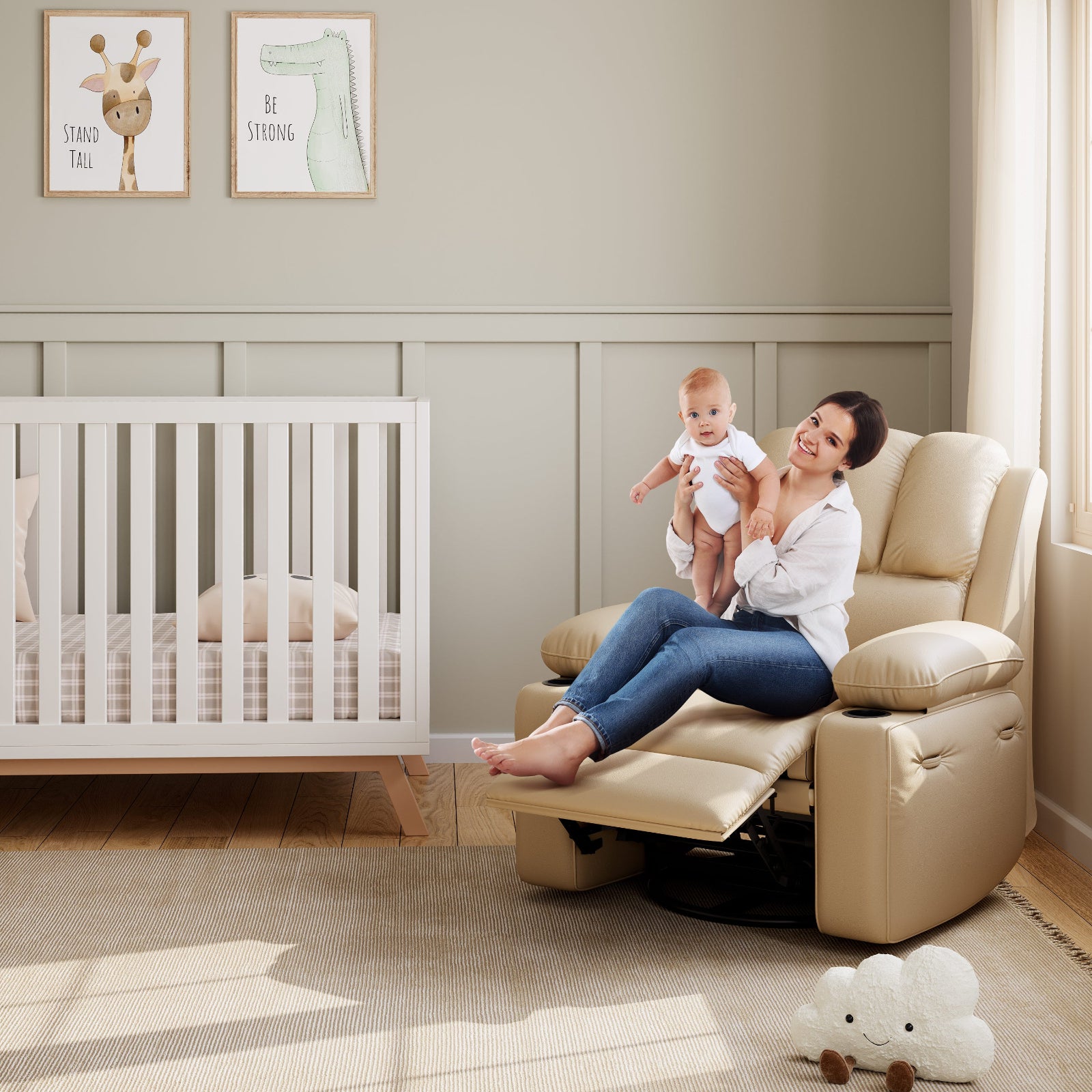 Garvee Manual Recliner Chair Leather Sofa with 2 Cup Holders, Side Pocket, PU Leather, Overstuffed Arms, Iron Frame, Beige - Home Theater & Living Room, Beige