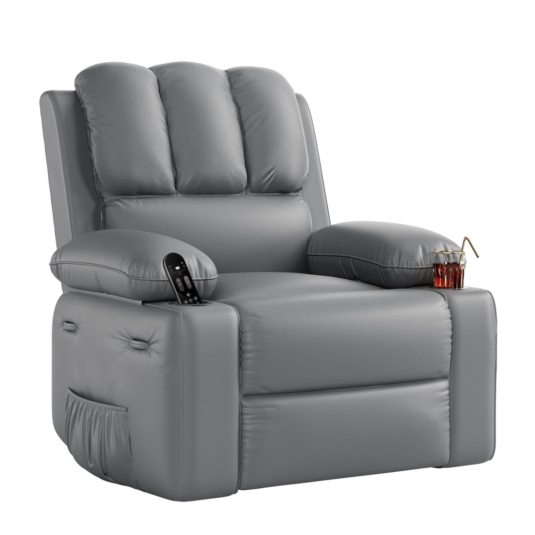 Garvee 22" Widen Manual PU Leather Recliner Chair with 2 Cup Holders, Side Pocket, PU Leather, Overstuffed Armrests, Iron Frame, Living Room Sofa, Gray