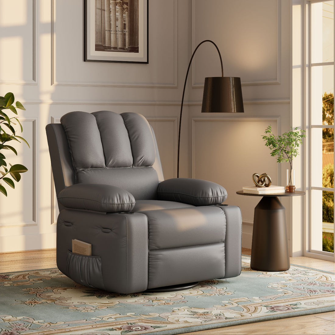 Garvee 22" Widen Manual PU Leather Recliner Chair with 2 Cup Holders, Side Pocket, PU Leather, Overstuffed Armrests, Iron Frame, Living Room Sofa, Gray