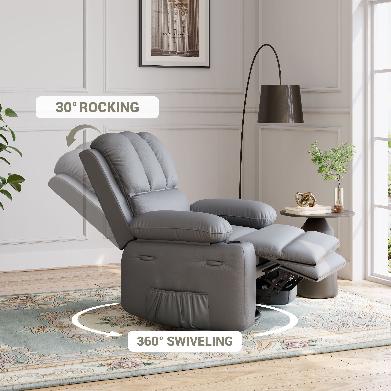 Garvee Leather Recliner Chair, Manual Rocking Recliner w/Comfortable Arms and Cup Holders for Living Room CF8011 - Grey, Medium