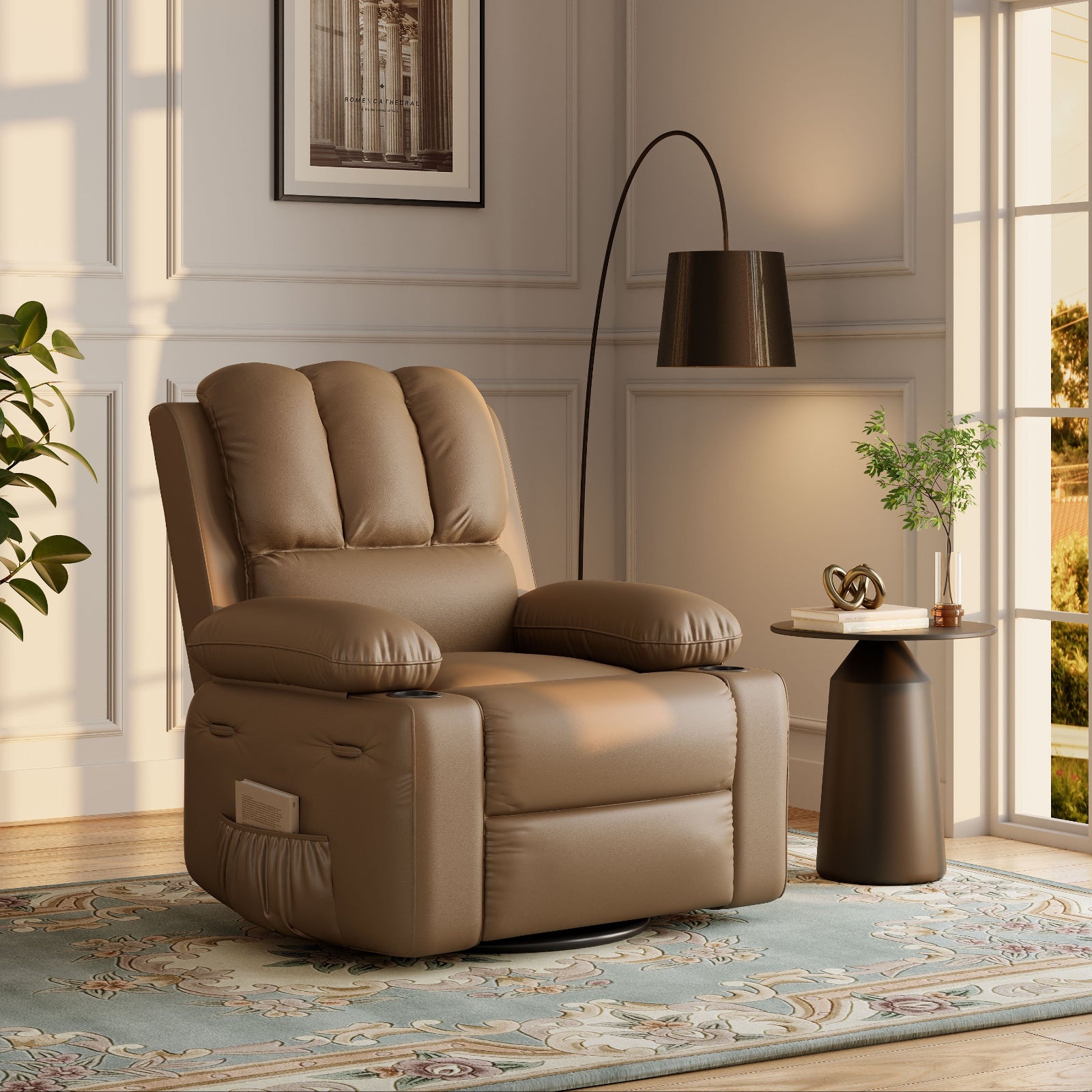 Garvee Large PU Leather Manual Recliner Chair with Cup Holders, Padded Arms, Durable Leather, Living Room Relaxation, Tan