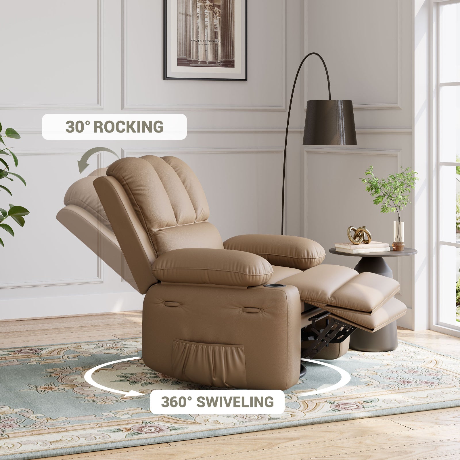 Garvee Large PU Leather Manual Recliner Chair with Cup Holders, Padded Arms, Durable Leather, Living Room Relaxation, Tan