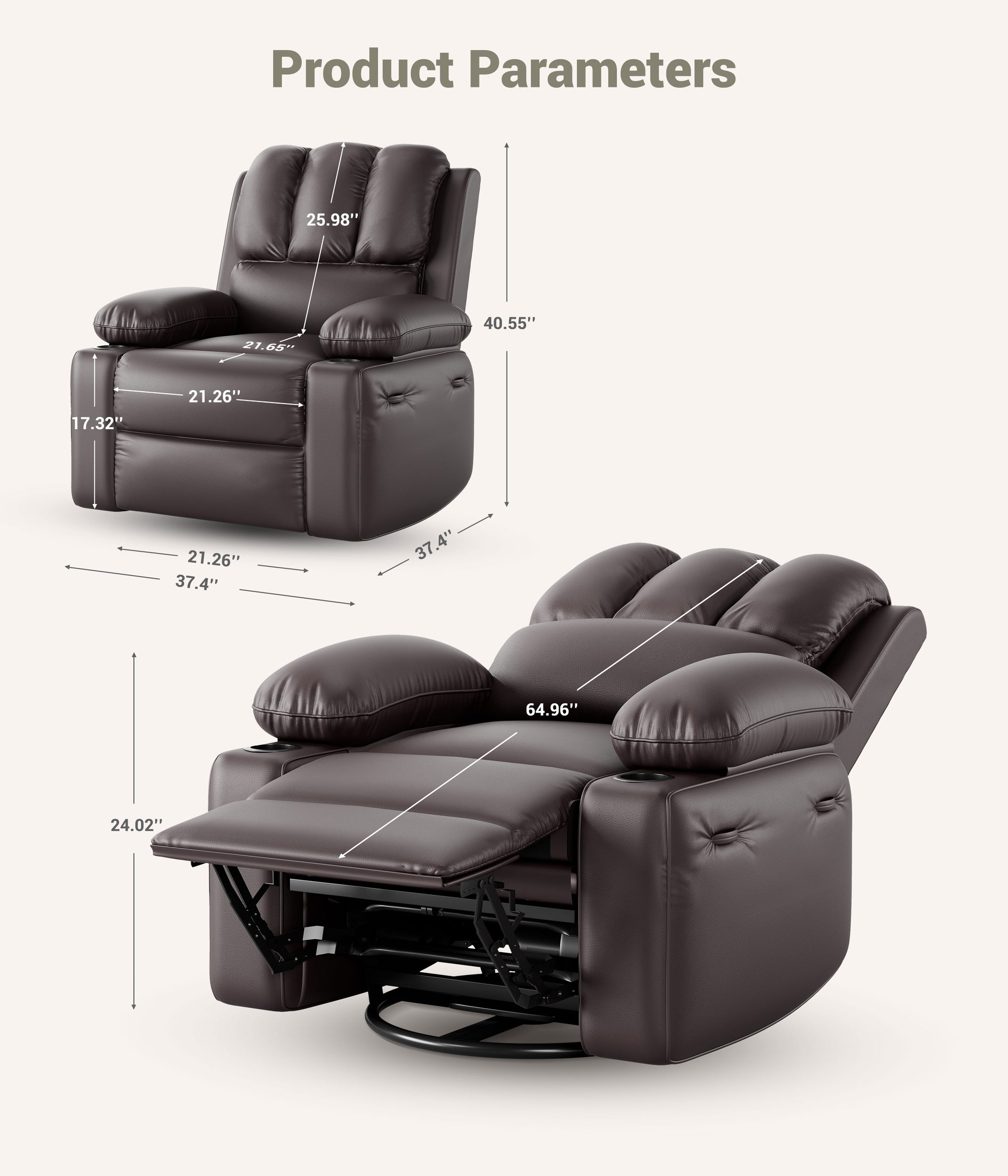 Garvee Leather Recliner Chair, Manual Rocking Recliner w/Comfortable Arms and Cup Holders for Living Room, Coffee