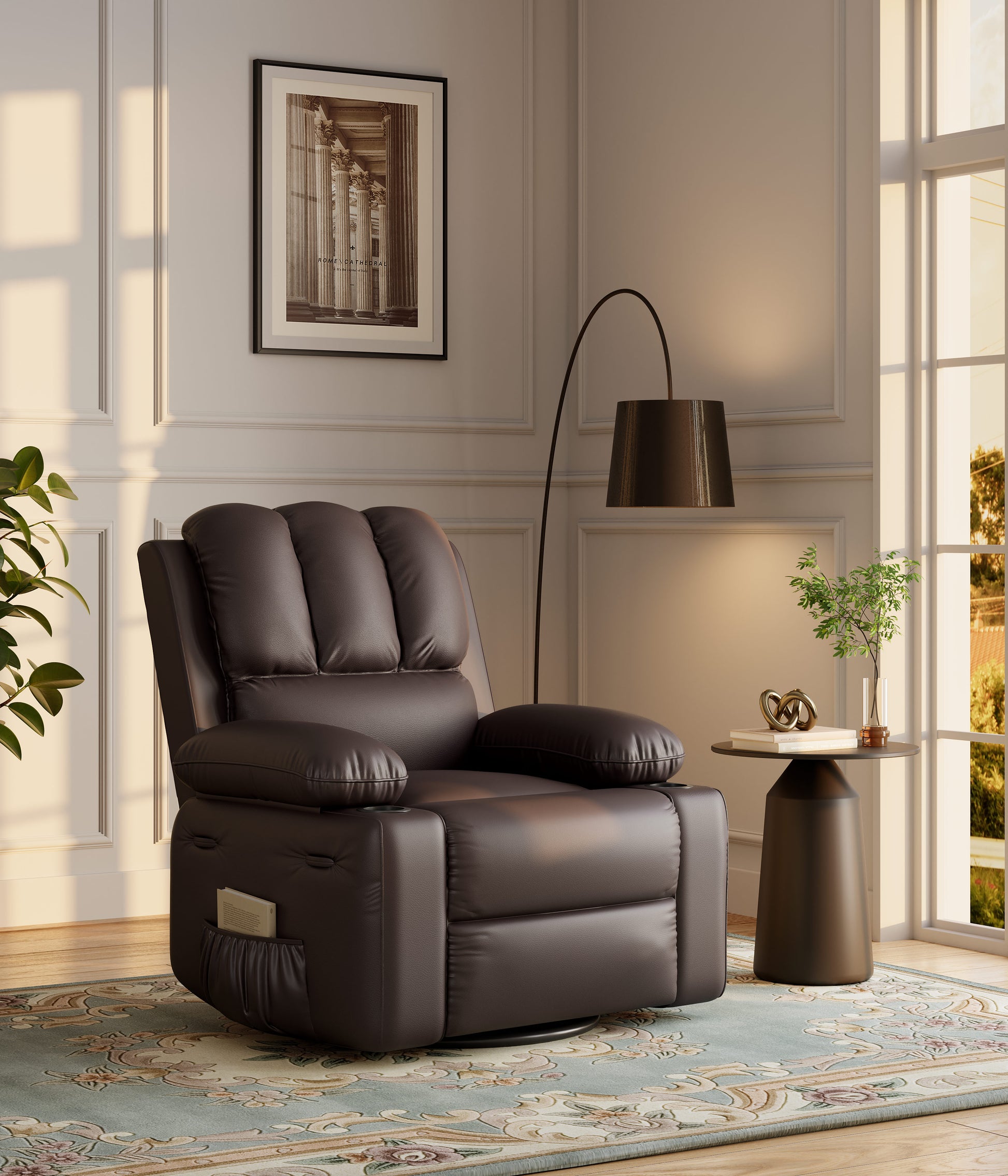 Garvee Leather Recliner Chair, Manual Rocking Recliner w/Comfortable Arms and Cup Holders for Living Room, Coffee