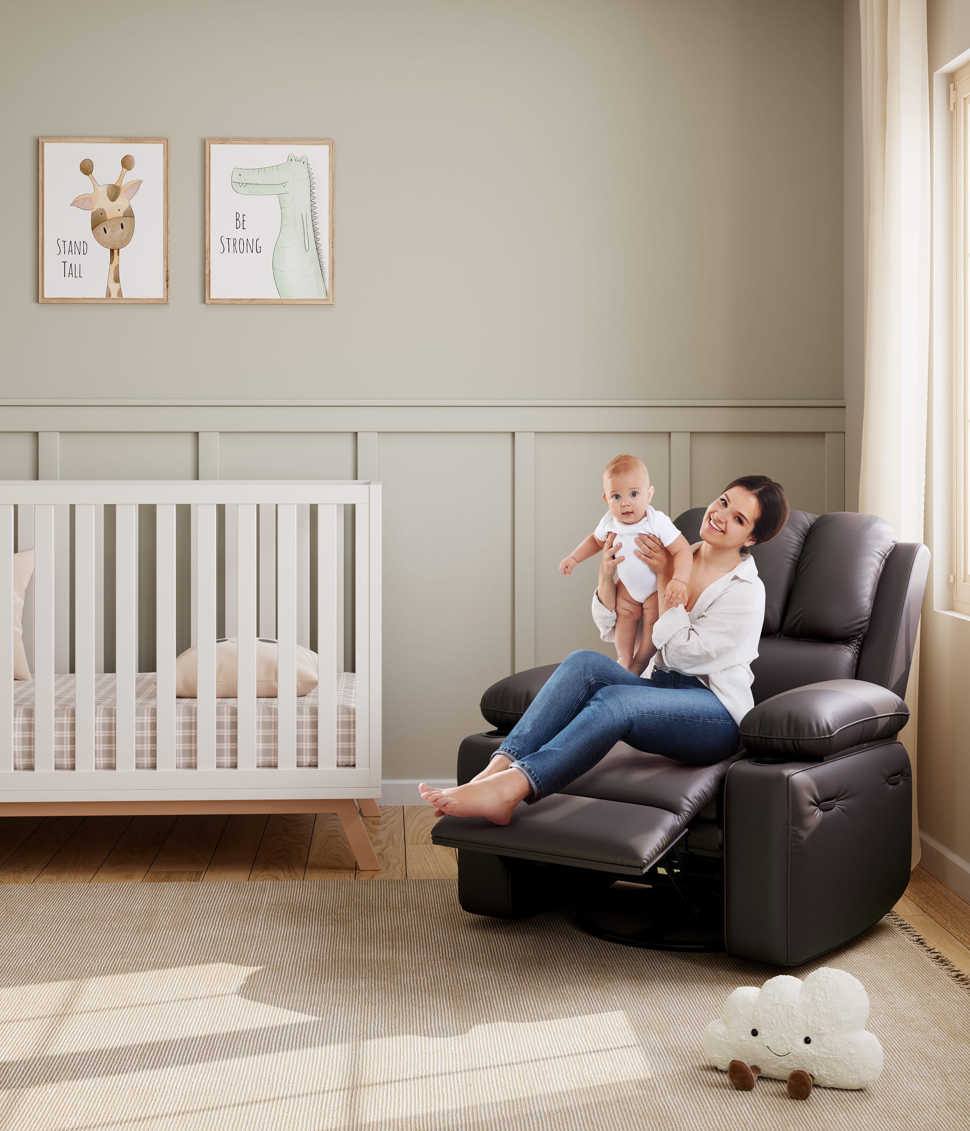 Garvee Leather Recliner Chair, Manual Rocking Recliner w/Comfortable Arms and Cup Holders for Living Room, Coffee