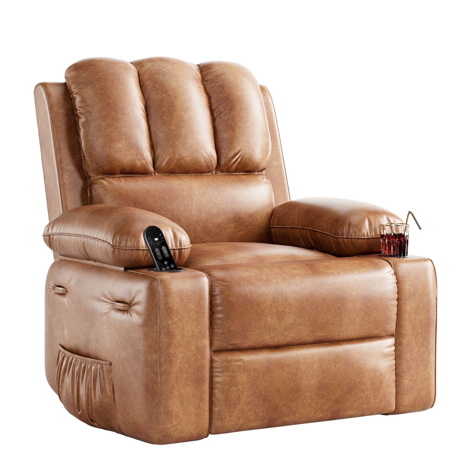 Garvee Manual Leather Recliner Chair with 2 Cup Holders, Side Pocket, PU Leather, Overstuffed Armrests, Iron Frame, Living Room Sofa, Brown