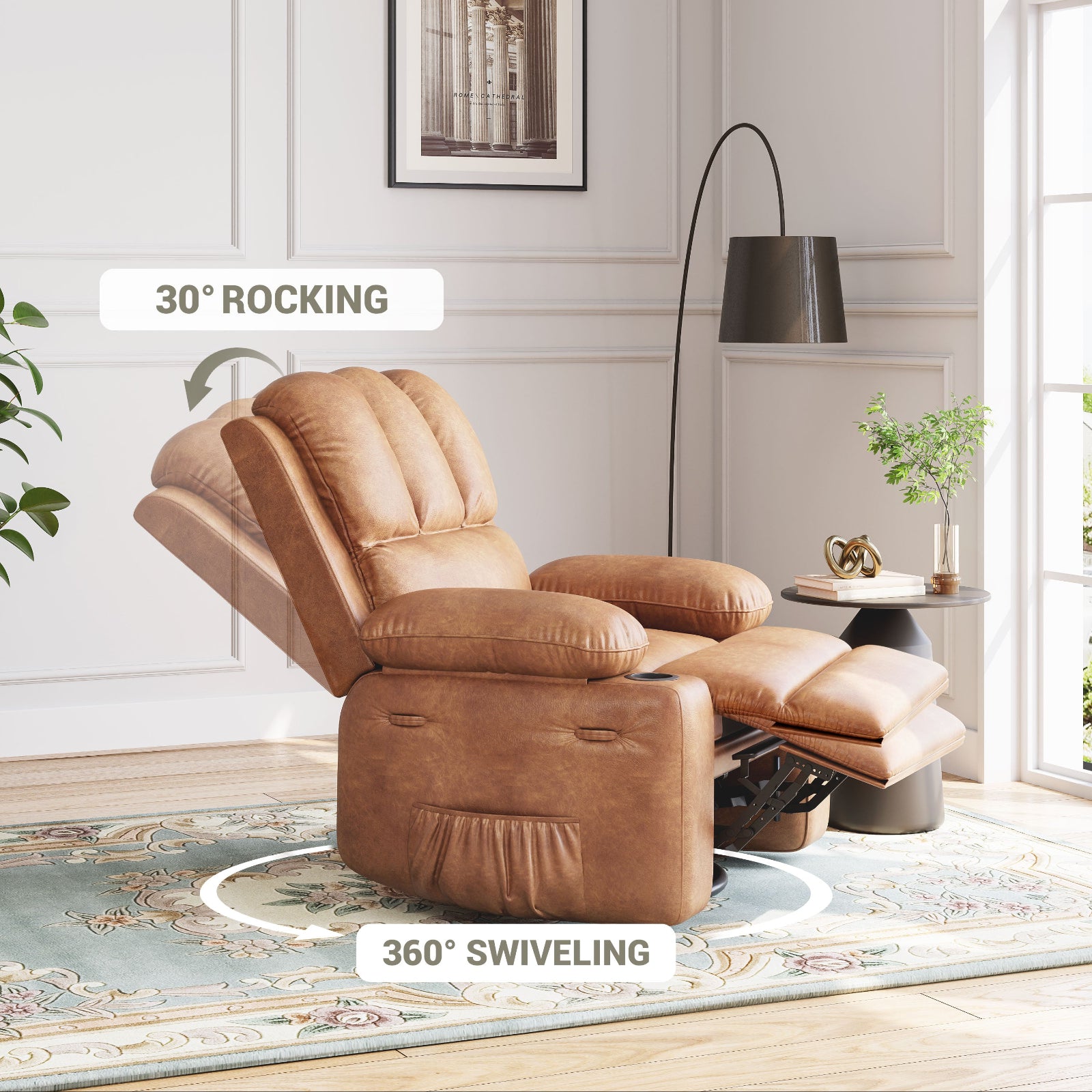 Garvee Manual Leather Recliner Chair with 2 Cup Holders, Side Pocket, PU Leather, Overstuffed Armrests, Iron Frame, Living Room Sofa, Brown