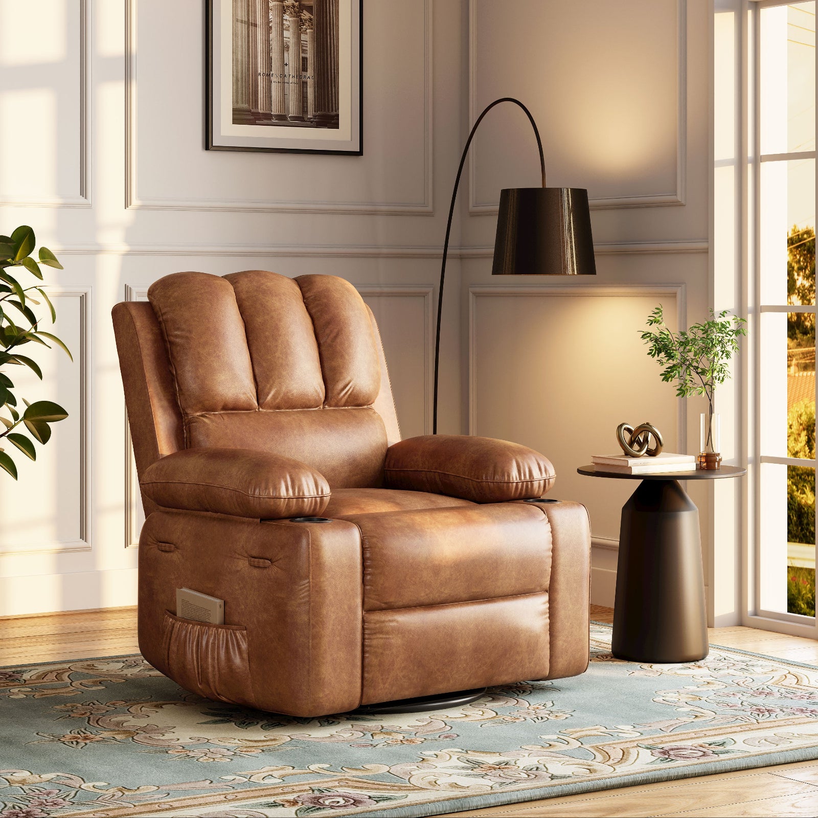 Garvee Manual Leather Recliner Chair with 2 Cup Holders, Side Pocket, PU Leather, Overstuffed Armrests, Iron Frame, Living Room Sofa, Brown