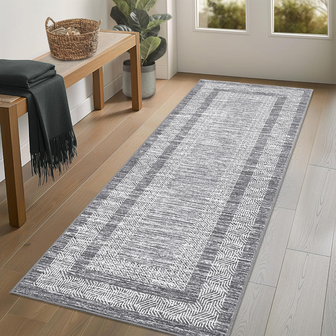 Garvee Bordered Grey 2x6 Modern Bordered Runner Rug Soft Non Slip Runner Washable Non Shedding Floor Carpet, Distressed Geometric Hallway Runner, Indoor Printed Runner for Kitchen, Entrance