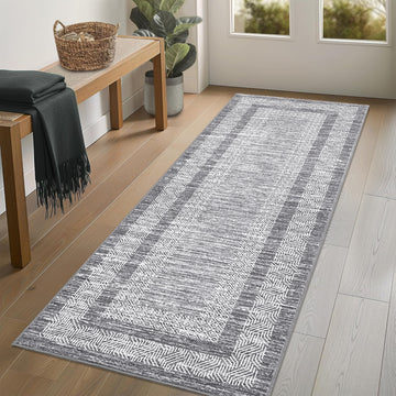 Garvee Bordered Grey 2x6 Modern Bordered Runner Rug Soft Non Slip Runner Washable Non Shedding Floor Carpet, Distressed Geometric Hallway Runner, Indoor Printed Runner for Kitchen, Entrance