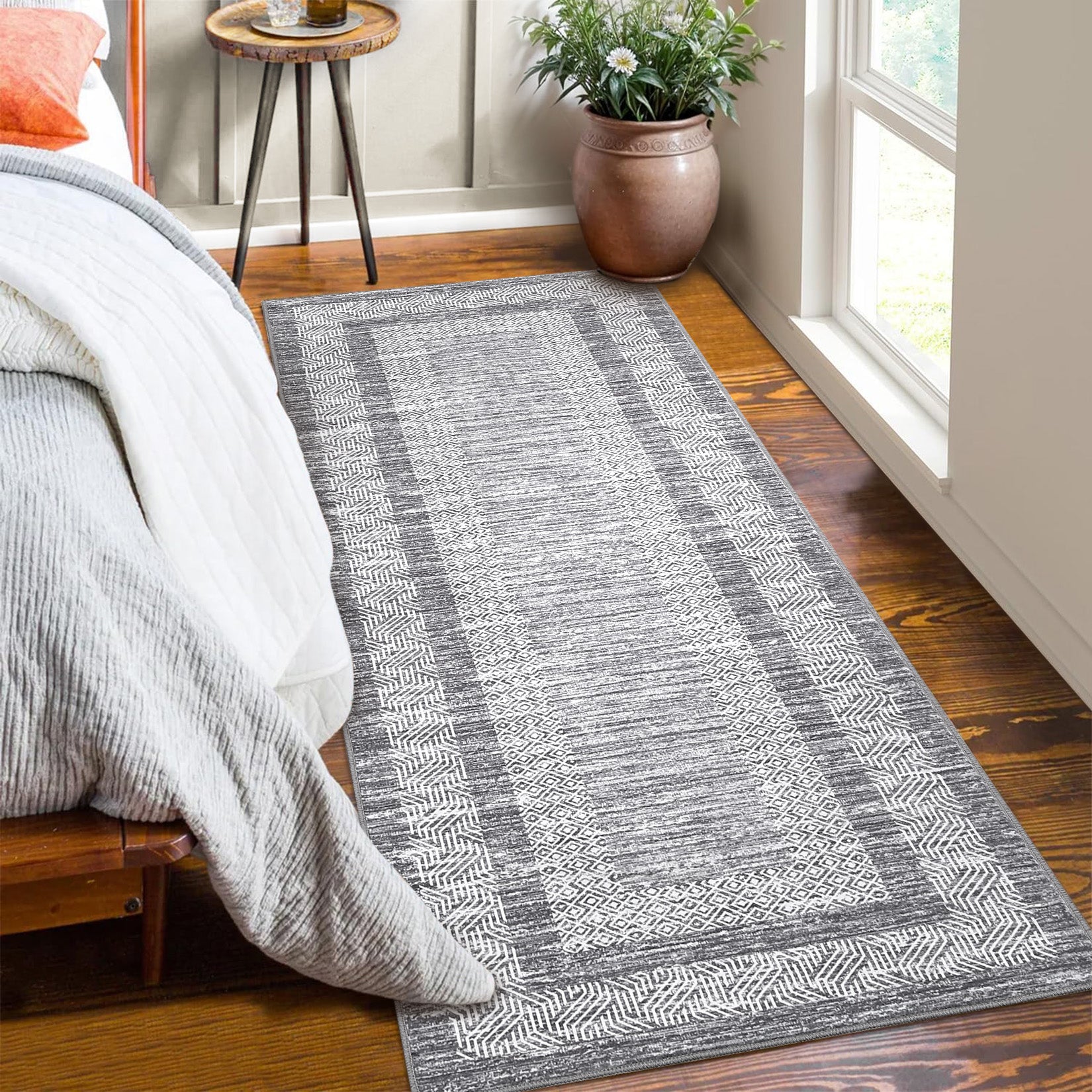 Garvee Bordered Grey 2x6 Modern Bordered Runner Rug Soft Non Slip Runner Washable Non Shedding Floor Carpet, Distressed Geometric Hallway Runner, Indoor Printed Runner for Kitchen, Entrance