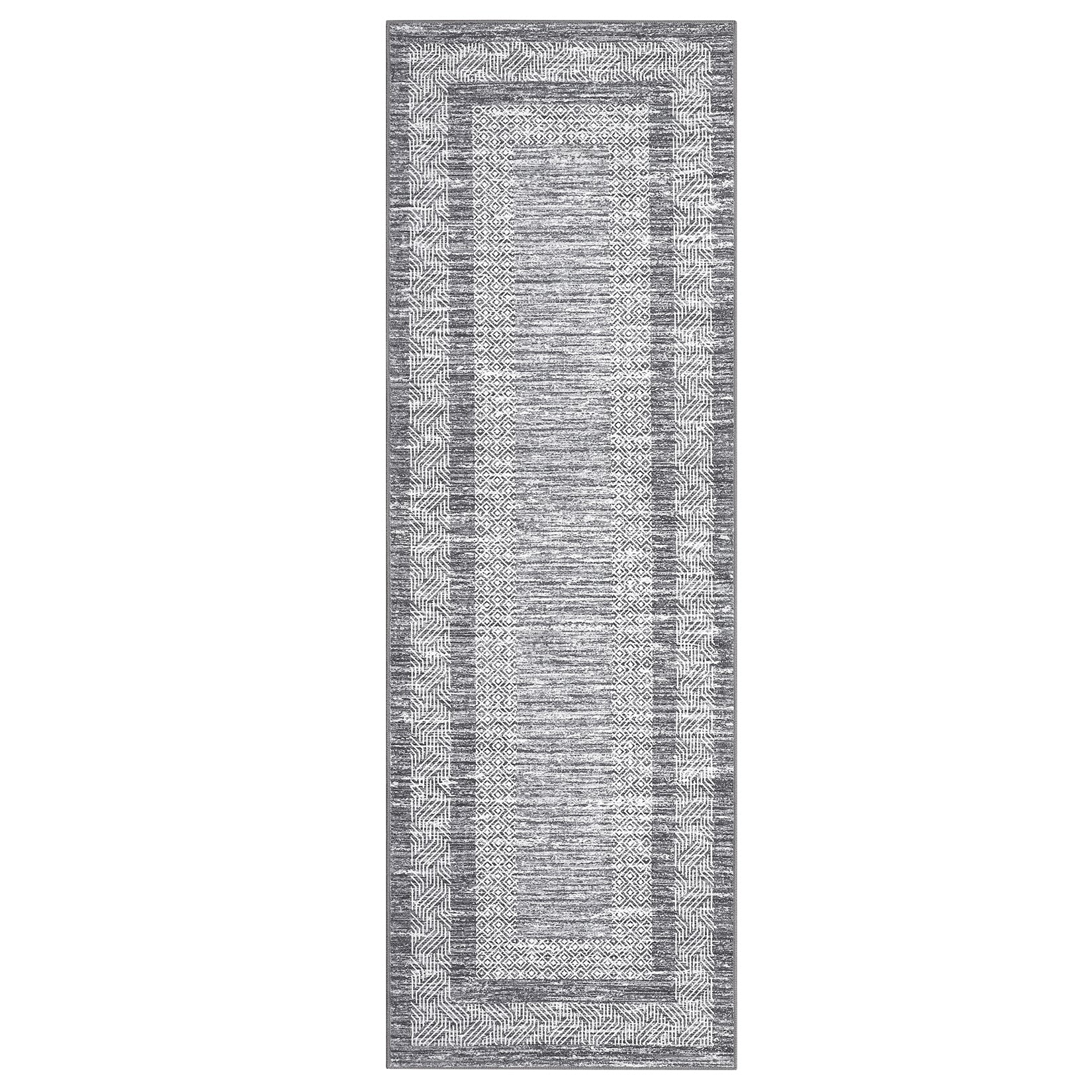 Garvee Bordered Grey 2x6 Modern Bordered Runner Rug Soft Non Slip Runner Washable Non Shedding Floor Carpet, Distressed Geometric Hallway Runner, Indoor Printed Runner for Kitchen, Entrance