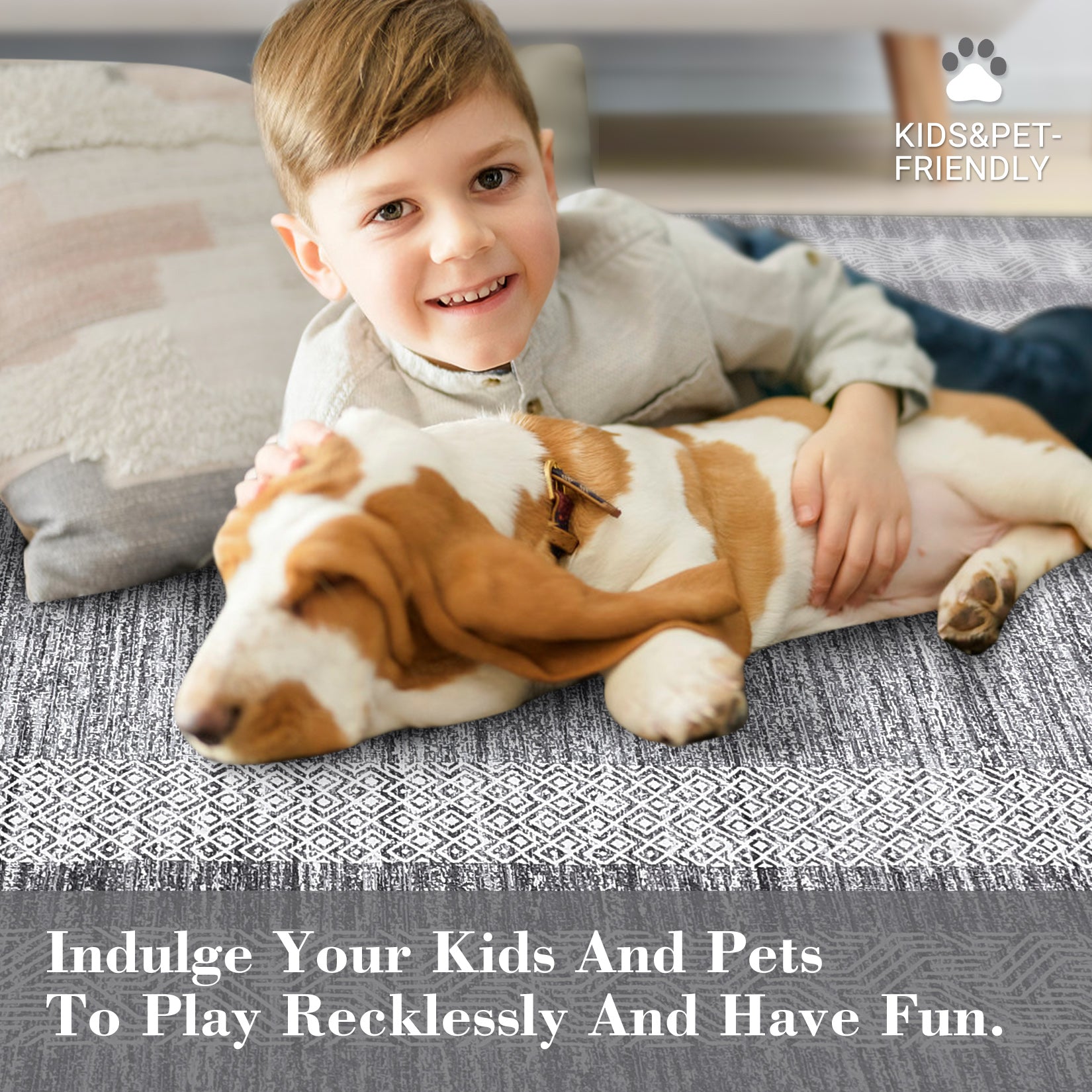 Garvee Bordered Grey 9x12 Large Area Distressed Modern Rug Soft Non Shedding Floor Carpet, Geometric Rug, Washable Non Slip Rug, Low Pile Indoor Area Rug for Living Room, Bedroom