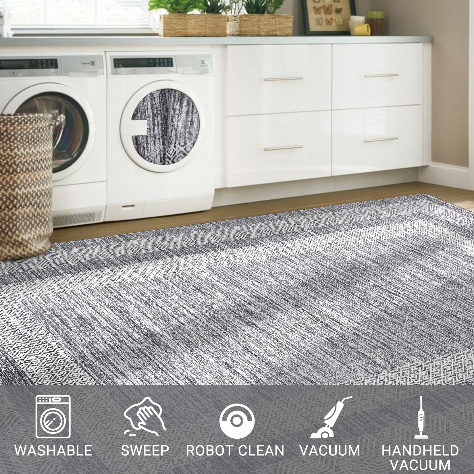 Garvee Bordered Grey 5x7 Modern Geometric Area Distressed Rug Washable Non Slip Floor Carpet Non Shedding Thin Rug, Soft Low Pile Rug, Contemporary Gray Rug for Dining Room, Living Room