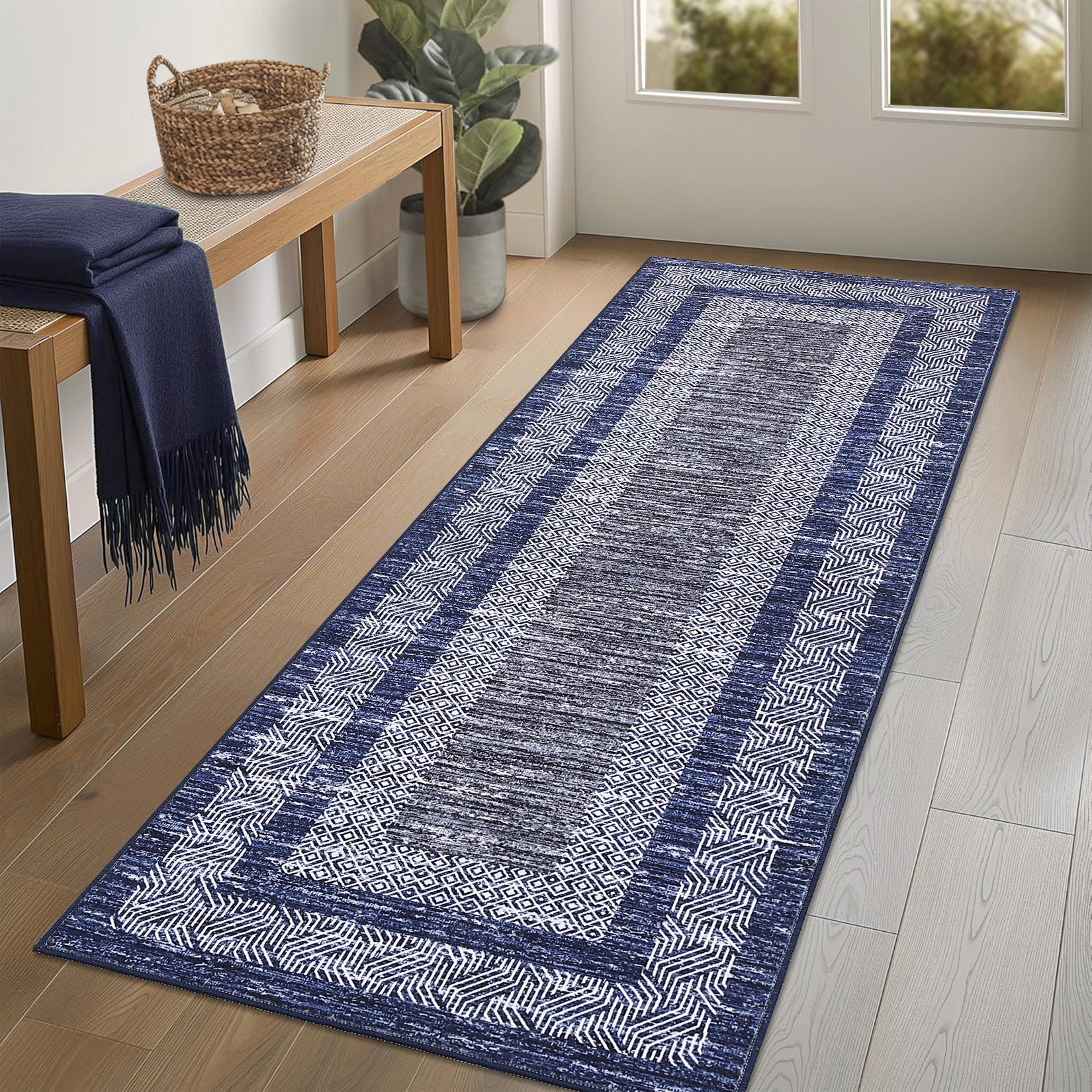 Garvee Bordered Blue 2x6 Modern Runner Rug Soft Non Slip Runner Washable Non Shedding Floor Carpet, Distressed Geometric Hallway Runner, Indoor Printed Runner for Kitchen, Entrance, Blue