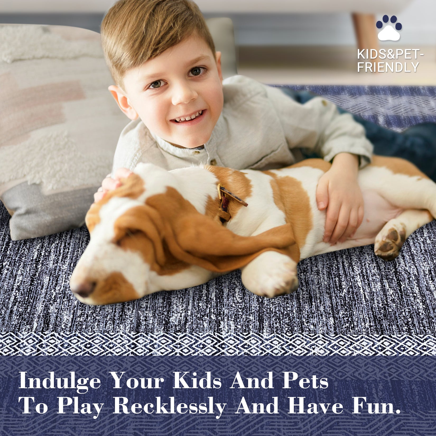 Garvee Bordered Blue 2x6 Modern Runner Rug Soft Non Slip Runner Washable Non Shedding Floor Carpet, Distressed Geometric Hallway Runner, Indoor Printed Runner for Kitchen, Entrance, Blue