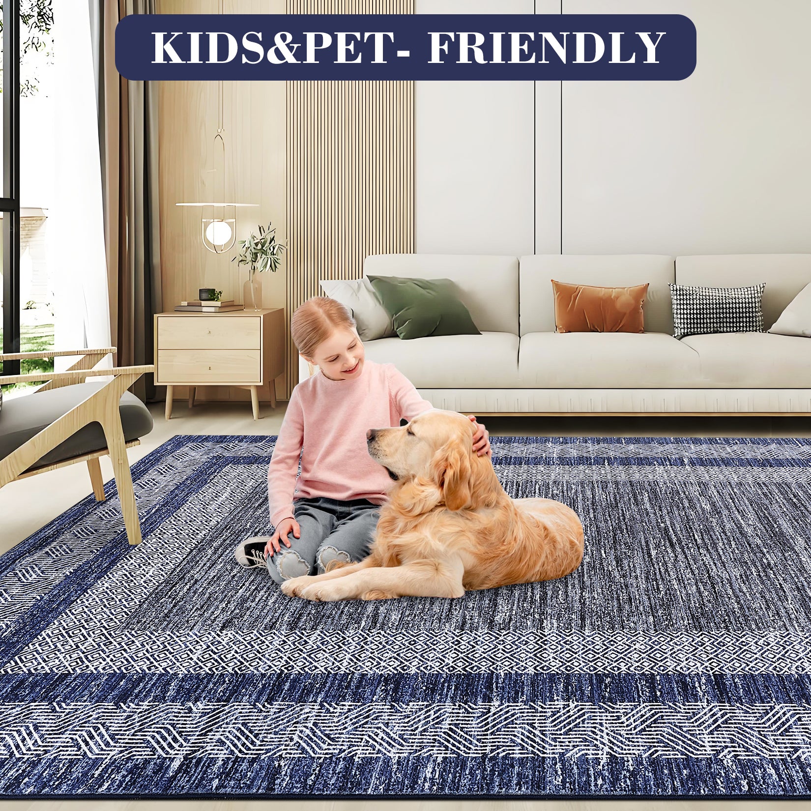 Garvee Bordered Blue 9x12 Large Modern Blue Area Rug Distressed Rug Soft Non Shedding Floor Carpet, Geometric Rug, Washable Non Slip Rug, Low Pile Indoor Area Rug for Living Room, Bedroom