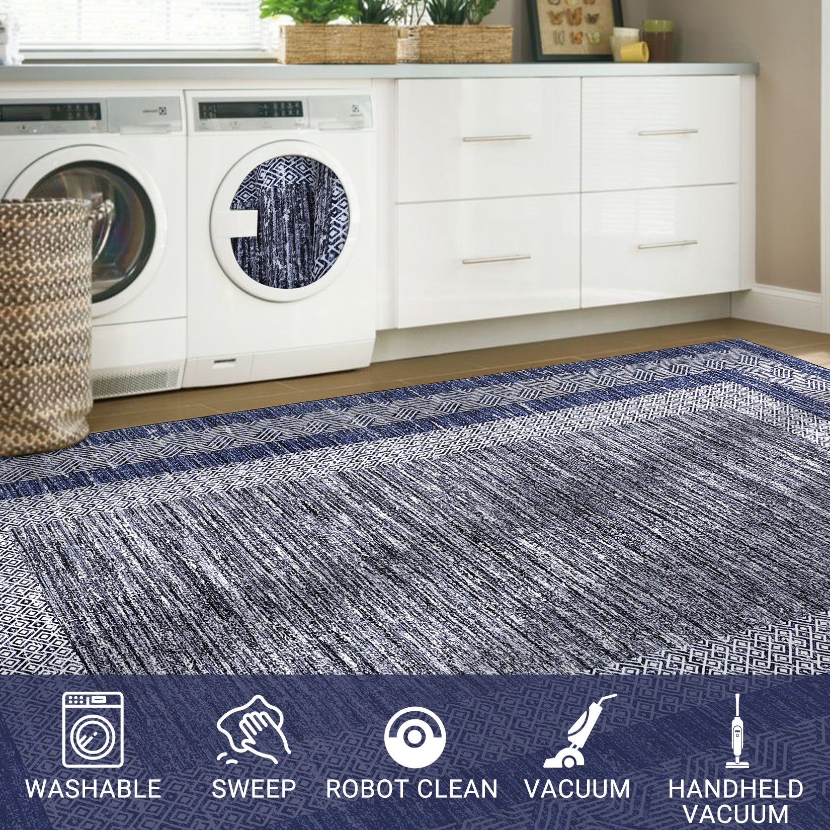 Garvee Bordered Blue 2x6 Modern Runner Rug Soft Non Slip Runner Washable Non Shedding Floor Carpet, Distressed Geometric Hallway Runner, Indoor Printed Runner for Kitchen, Entrance, Blue