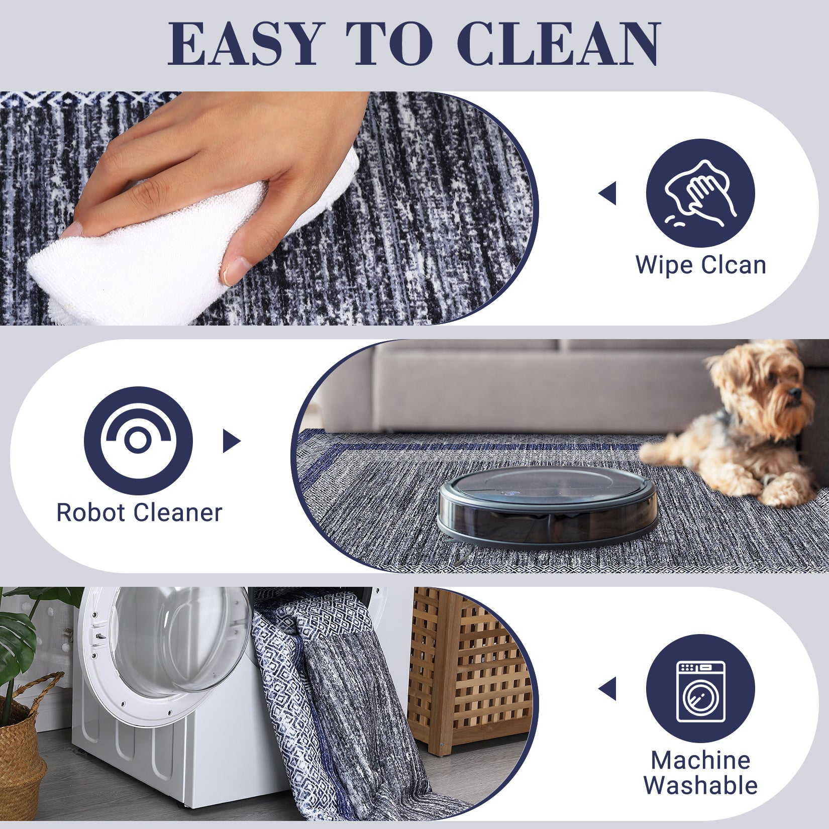 Garvee Bordered Blue 9x12 Large Modern Blue Area Rug Distressed Rug Soft Non Shedding Floor Carpet, Geometric Rug, Washable Non Slip Rug, Low Pile Indoor Area Rug for Living Room, Bedroom