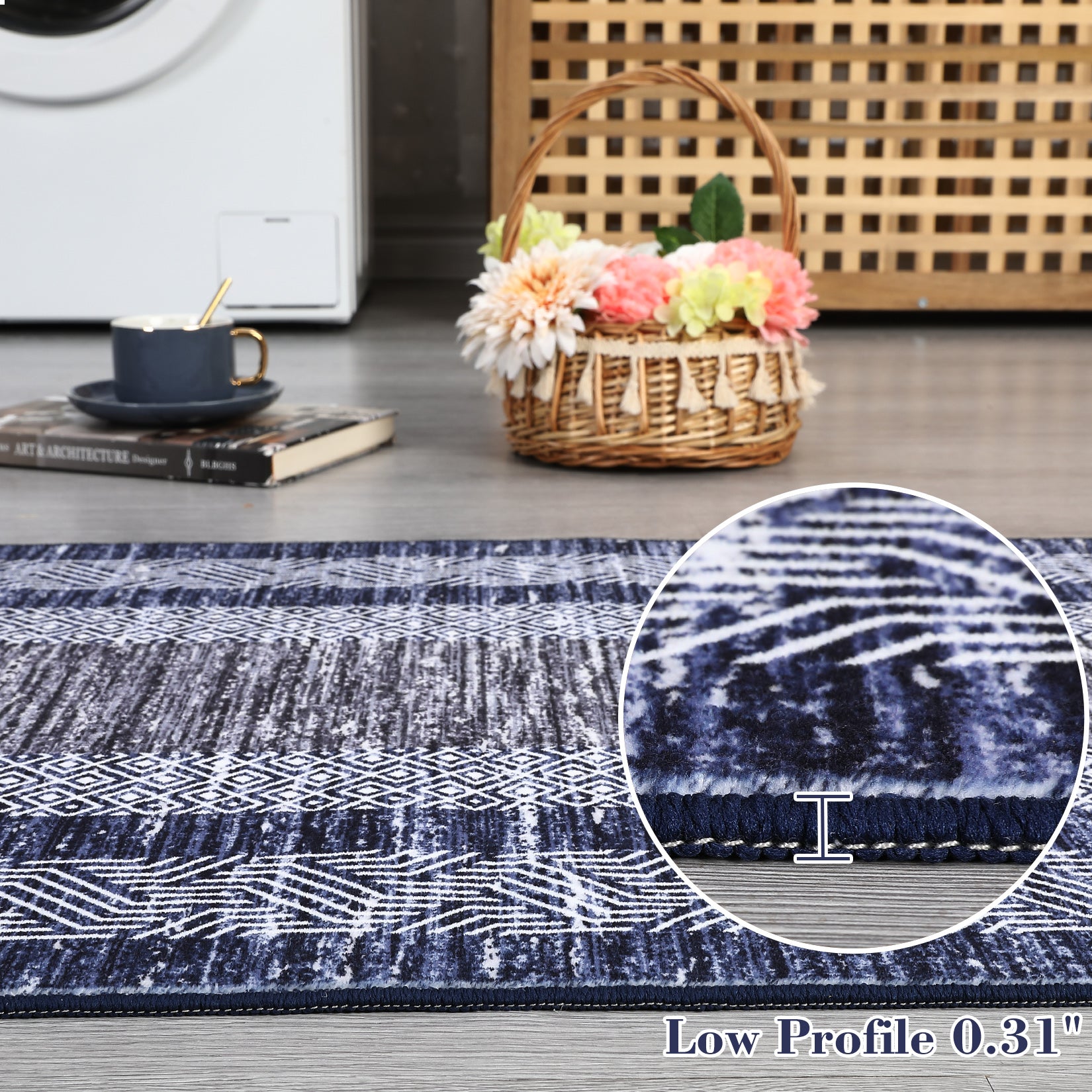 Garvee Bordered Blue 9x12 Large Modern Blue Area Rug Distressed Rug Soft Non Shedding Floor Carpet, Geometric Rug, Washable Non Slip Rug, Low Pile Indoor Area Rug for Living Room, Bedroom