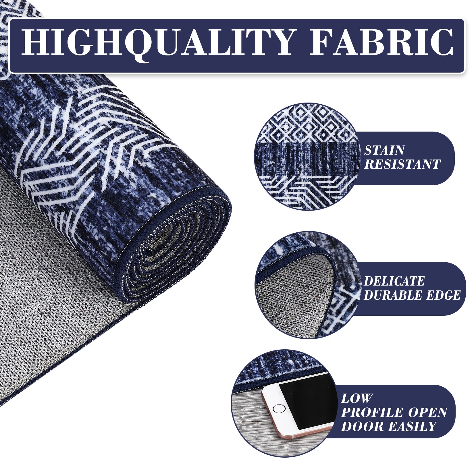 Garvee Bordered Blue 2x6 Modern Runner Rug Soft Non Slip Runner Washable Non Shedding Floor Carpet, Distressed Geometric Hallway Runner, Indoor Printed Runner for Kitchen, Entrance, Blue