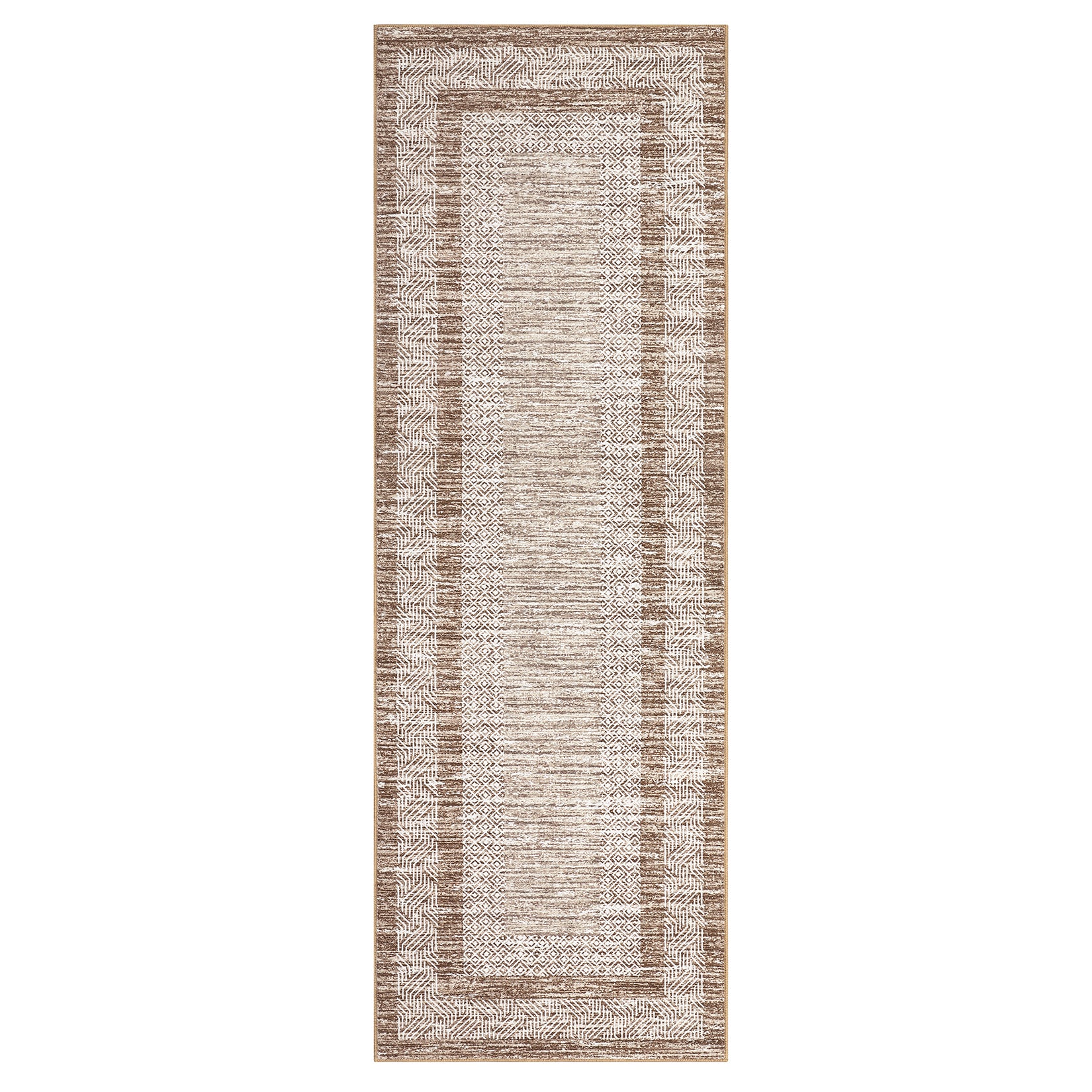 Garvee Bordered Brown 2x6 Modern Runner Rug Soft Non Slip Runner Washable Non Shedding Floor Carpet, Distressed Geometric Hallway Runner, Indoor Printed Runner for Kitchen, Entrance