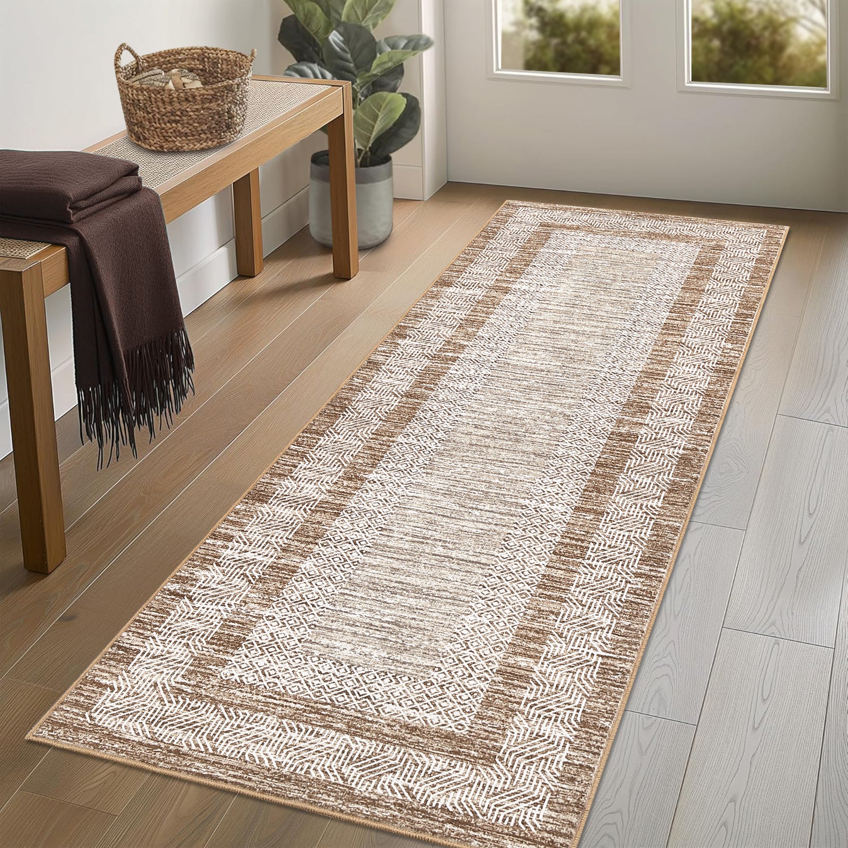 Garvee Bordered Brown 2x6 Modern Runner Rug Soft Non Slip Runner Washable Non Shedding Floor Carpet, Distressed Geometric Hallway Runner, Indoor Printed Runner for Kitchen, Entrance