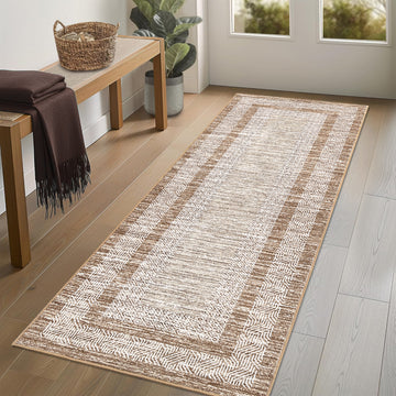 Garvee Bordered Brown 2x6 Modern Runner Rug Soft Non Slip Runner Washable Non Shedding Floor Carpet, Distressed Geometric Hallway Runner, Indoor Printed Runner for Kitchen, Entrance