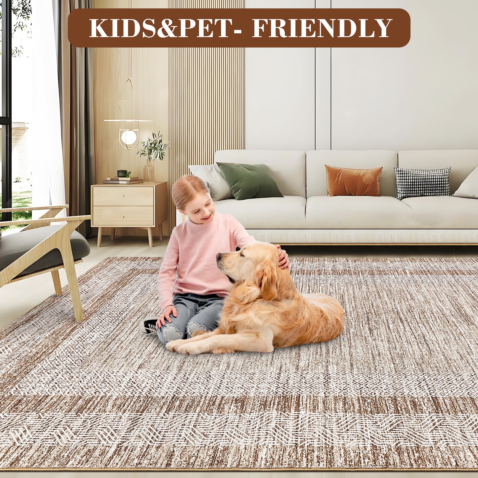 Garvee Bordered Brown 9x12 Large Modern Area Rug Distressed Rug Soft Non Shedding Floor Carpet, Geometric Rug, Washable Non Slip Rug, Low Pile Indoor Area Rug for Living Room, Bedroom