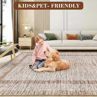 Garvee Bordered Brown 10x13 Large Washable Geometric Area Rug Non Slip Non Shedding Floor Carpet, Modern Bordered Rug, Distressed Blue Rug, Indoor Printed Rug for Living Room, Bedroom, Office