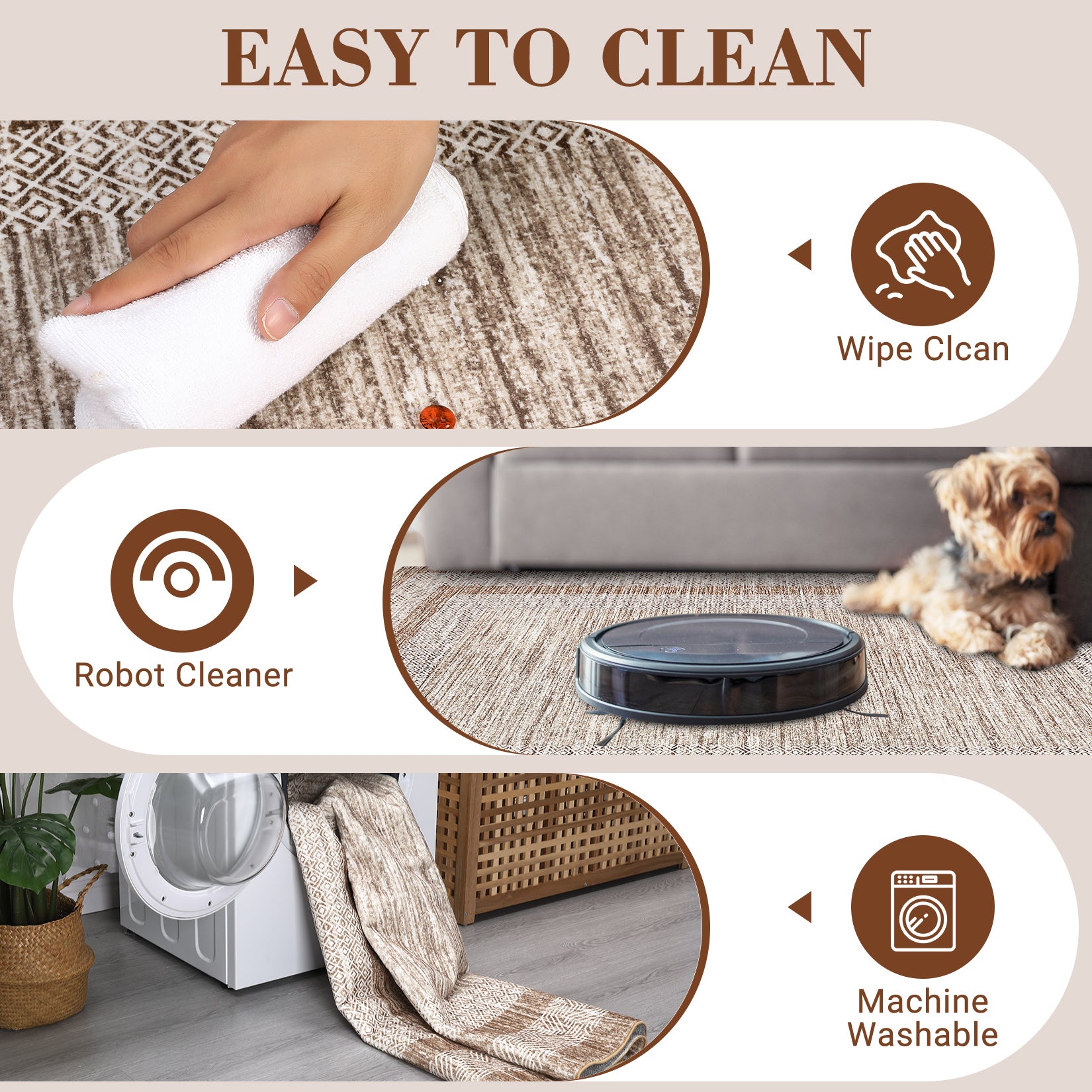 Garvee Bordered Brown 9x12 Large Modern Area Rug Distressed Rug Soft Non Shedding Floor Carpet, Geometric Rug, Washable Non Slip Rug, Low Pile Indoor Area Rug for Living Room, Bedroom