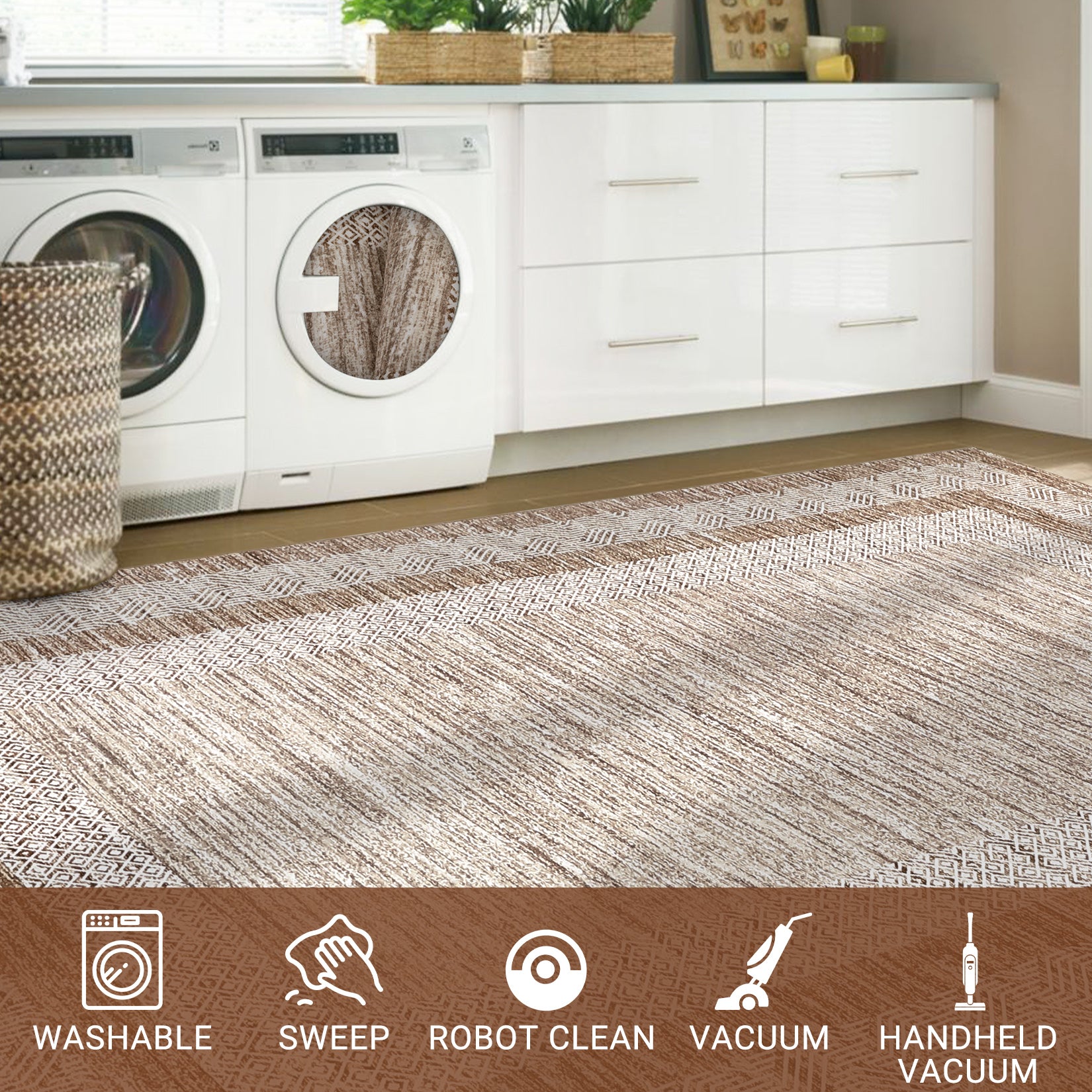 Garvee Bordered Brown 10x13 Large Washable Geometric Area Rug Non Slip Non Shedding Floor Carpet, Modern Bordered Rug, Distressed Blue Rug, Indoor Printed Rug for Living Room, Bedroom, Office