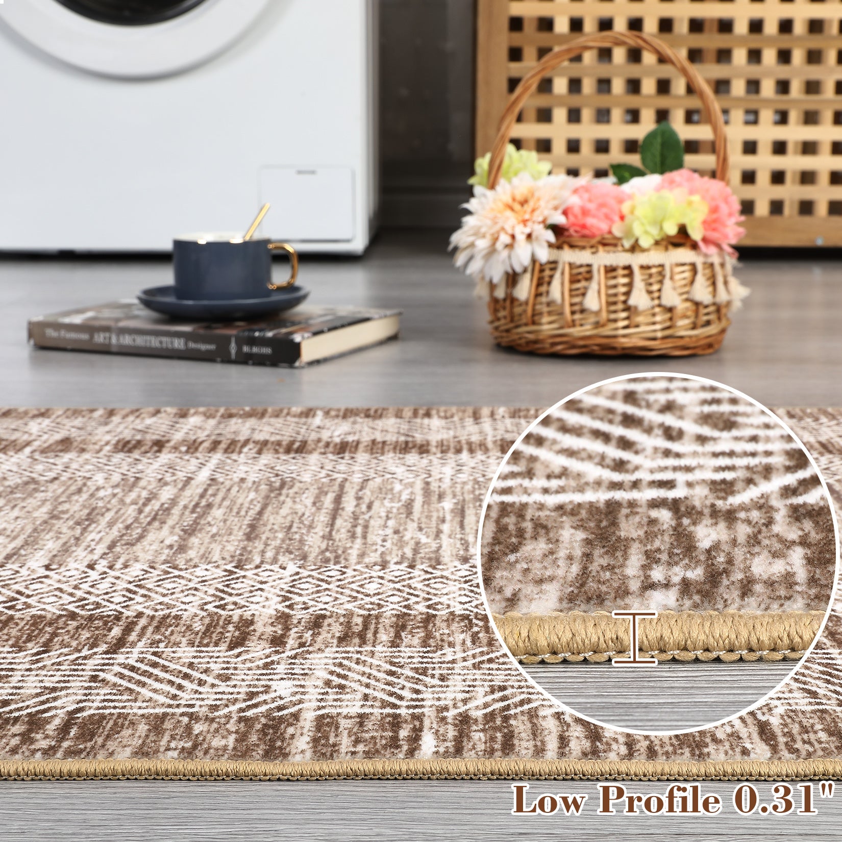 Garvee 8' x 10' Bordered Washable Area Rug, Distressed Geometric Non-Slip Soft Low-Pile Rug for Living Room, Bedroom & Dining Room, Brown
