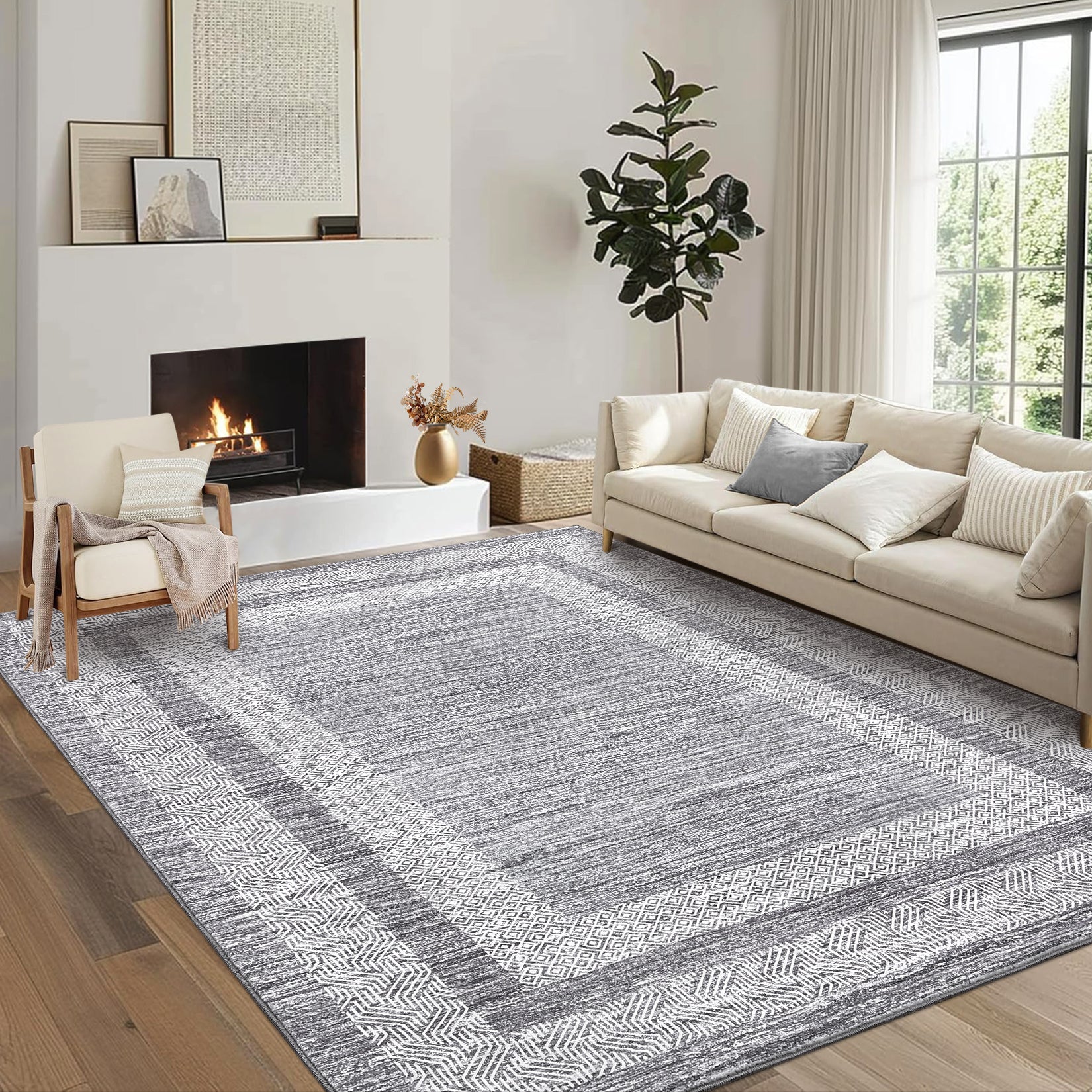 Garvee Bordered Grey 5x7 Modern Geometric Area Distressed Rug Washable Non Slip Floor Carpet Non Shedding Thin Rug, Soft Low Pile Rug, Contemporary Gray Rug for Dining Room, Living Room