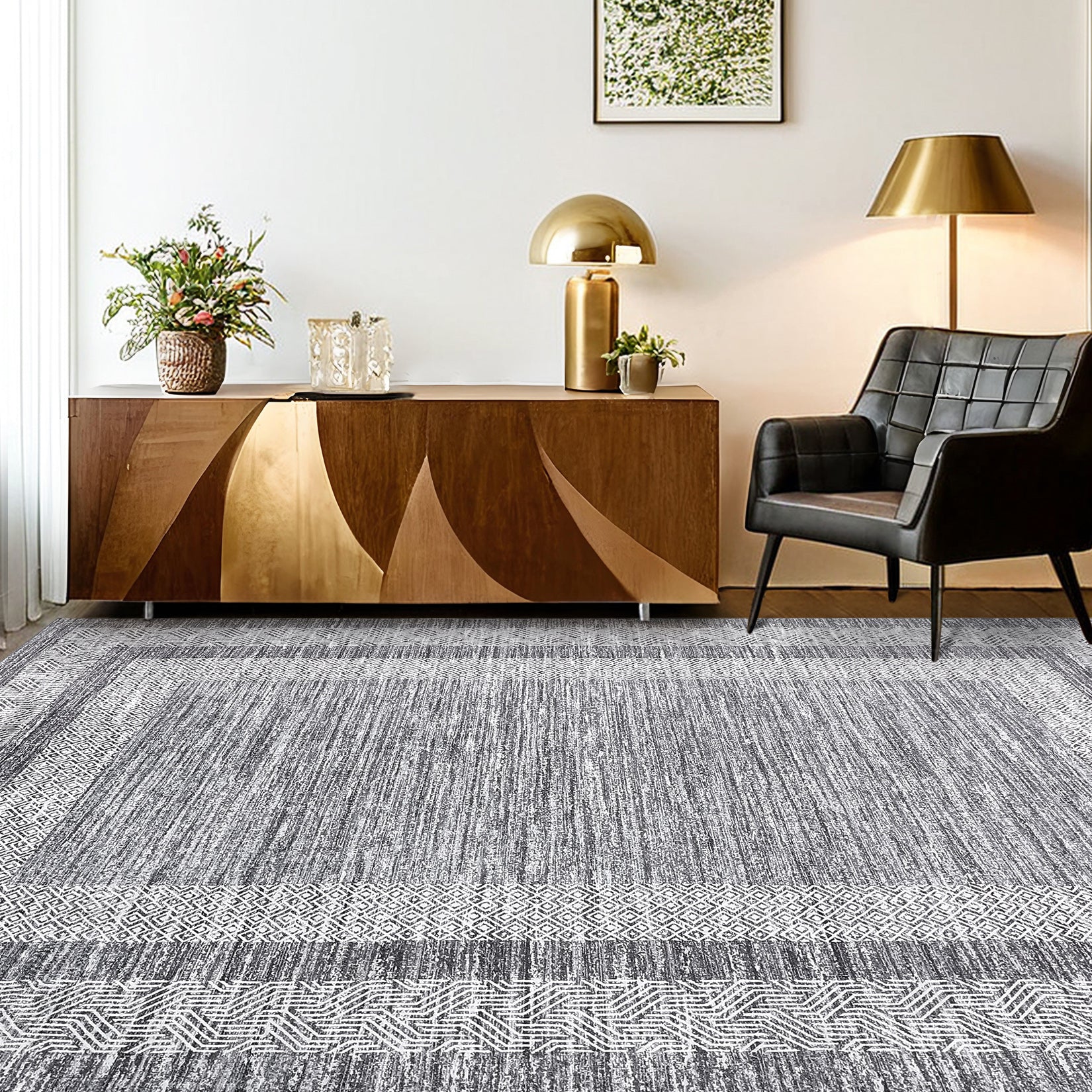 Garvee Bordered Grey 5x7 Modern Geometric Area Distressed Rug Washable Non Slip Floor Carpet Non Shedding Thin Rug, Soft Low Pile Rug, Contemporary Gray Rug for Dining Room, Living Room