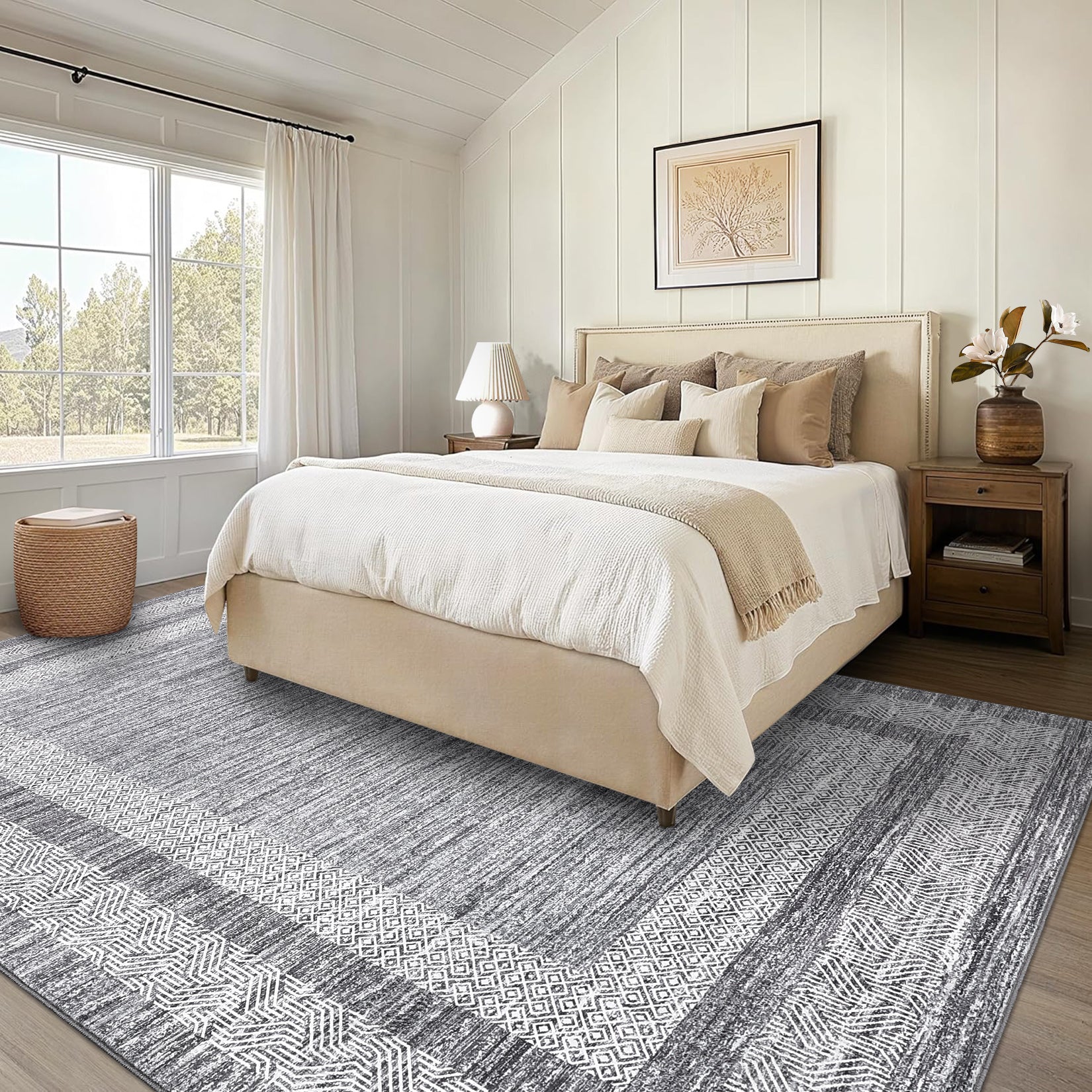 Garvee Bordered Grey 5x7 Modern Geometric Area Distressed Rug Washable Non Slip Floor Carpet Non Shedding Thin Rug, Soft Low Pile Rug, Contemporary Gray Rug for Dining Room, Living Room