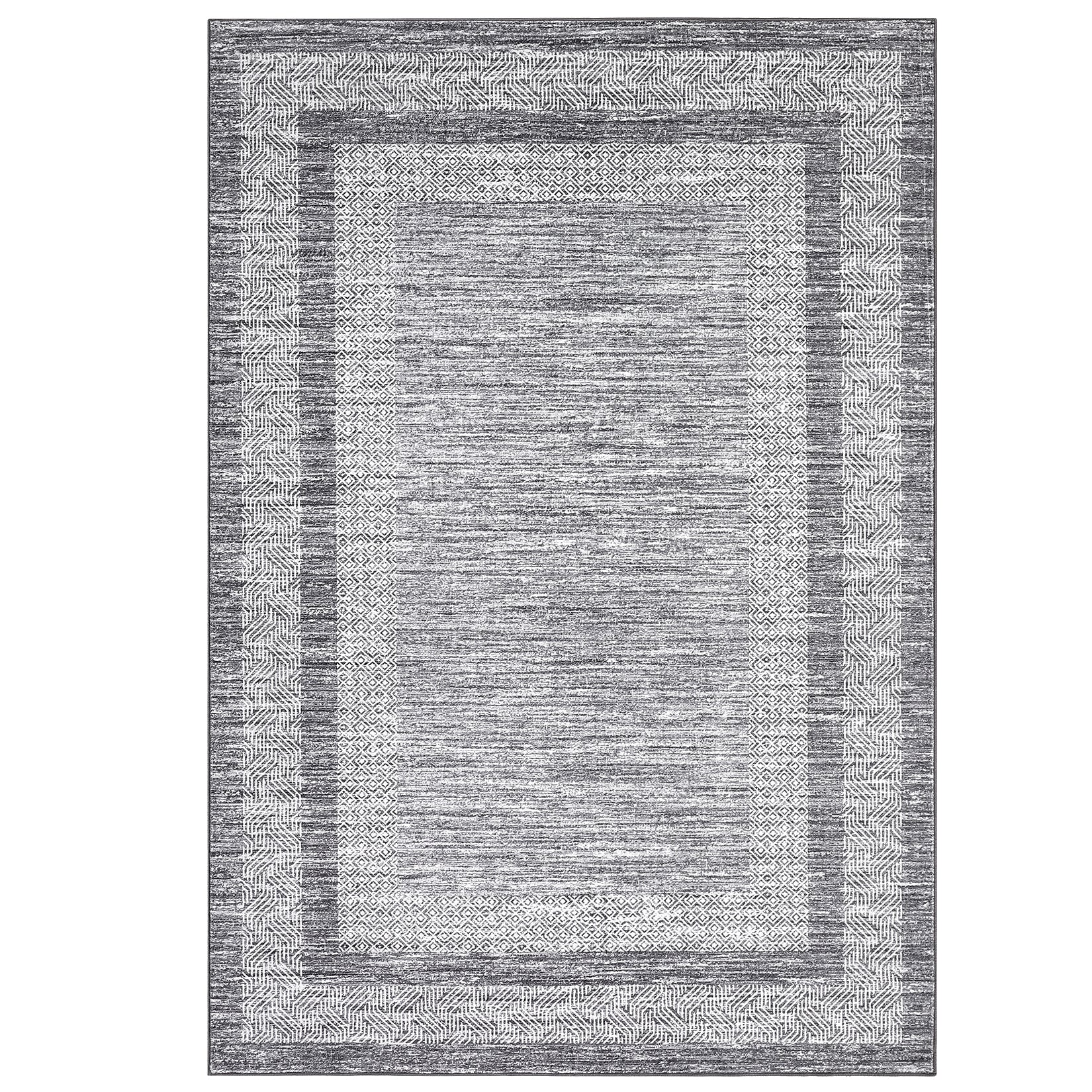 Garvee Bordered Grey 5x7 Modern Geometric Area Distressed Rug Washable Non Slip Floor Carpet Non Shedding Thin Rug, Soft Low Pile Rug, Contemporary Gray Rug for Dining Room, Living Room
