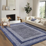 Garvee Bordered Blue 5x7 Modern Geometric Area Distressed Rug Washable Non Slip Floor Carpet Non Shedding Thin Rug, Soft Low Pile Rug, Contemporary Blue Rug for Dining Room, Living Room - Blue